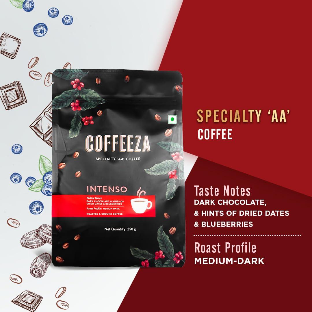 COFFEEZA COFFEEZA Intenso Ground Coffee | Fine Grind (Espresso & Moka Pots) | Premium Grade, Medium-Dark Roasted Ground Coffee - 250Gm, Bag