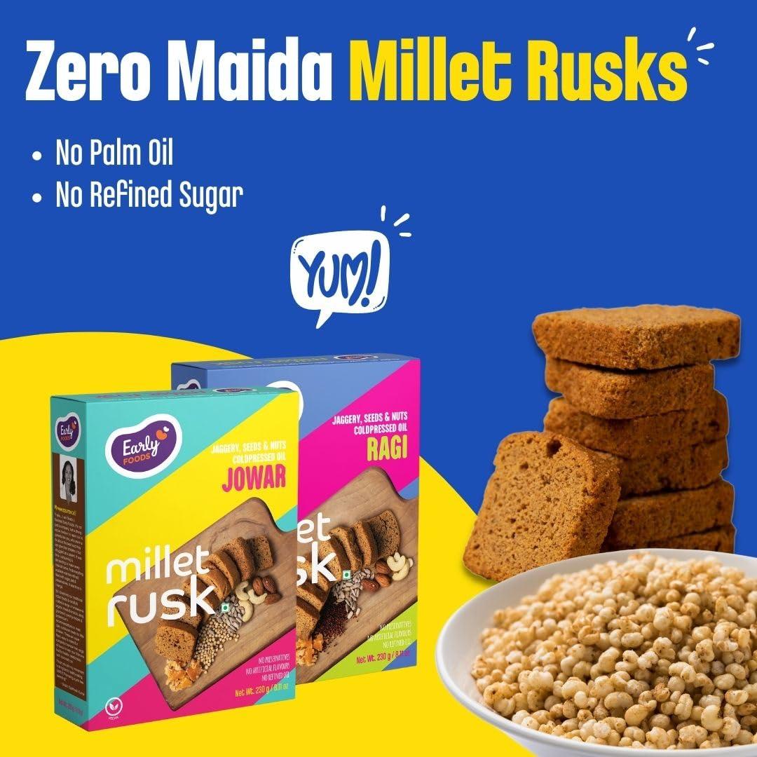 Early Foods Early Foods Assorted Pack of 2: ZERO MAIDA Ragi Rusk & Jowar Rusk | Sugar Free Millet Rusk with Jaggery | No Maida Rusk with Whole Wheat Rusk | Kids Snack | Tea Toast | Millet & Atta Rusk 230g x 2