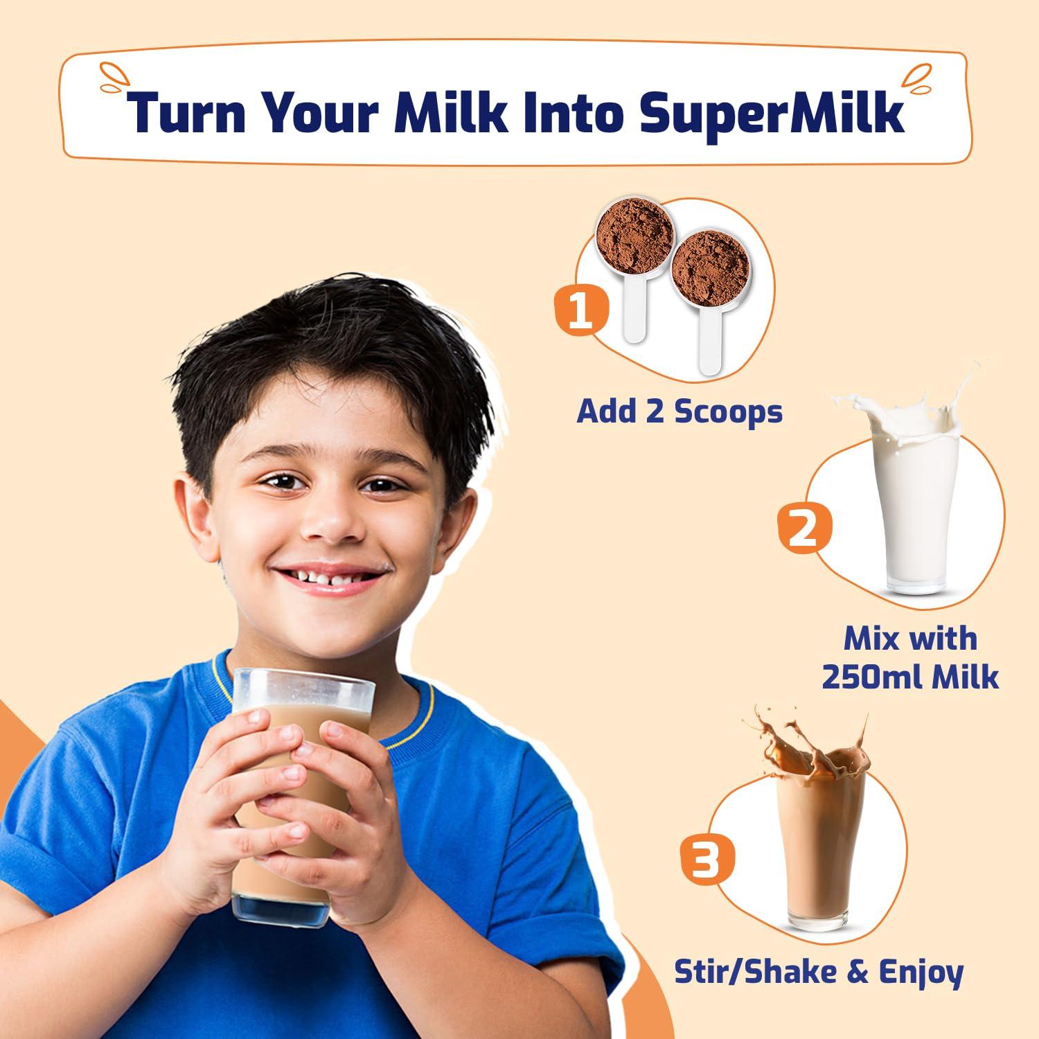 Gritzo Gritzo SuperMilk Height+ (7-12y Boys), 10g Protein Powder (Double Chocolate, 1kg) | Zero Refined Sugar, 21 Vitamins & Minerals