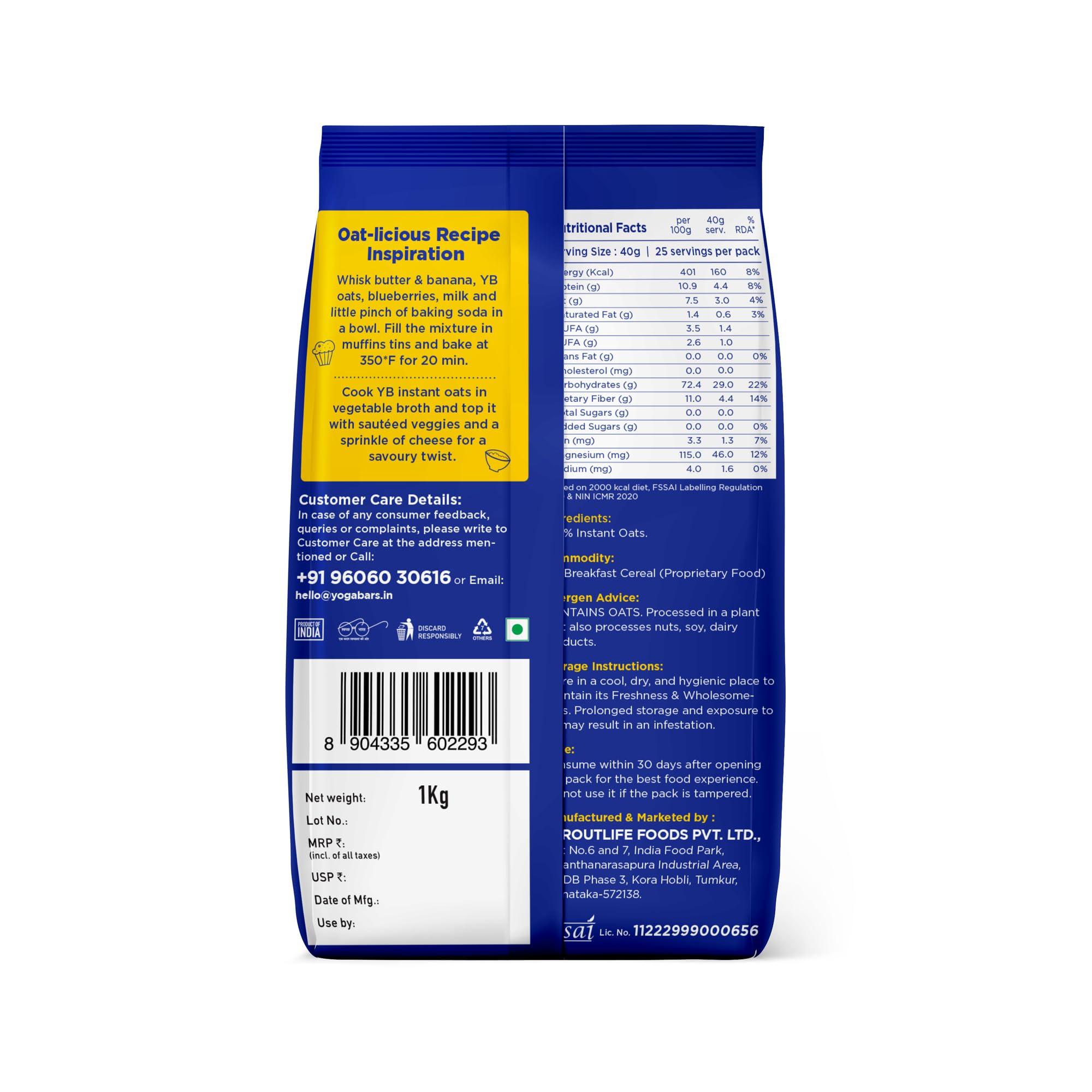 Yogabar Yogabar Instant Oats 1Kg | Premium Oats, Ready To Cook, Gluten Free Peanut Butter Oats With High Fibre, 100% Whole Grain, Non-Gmo