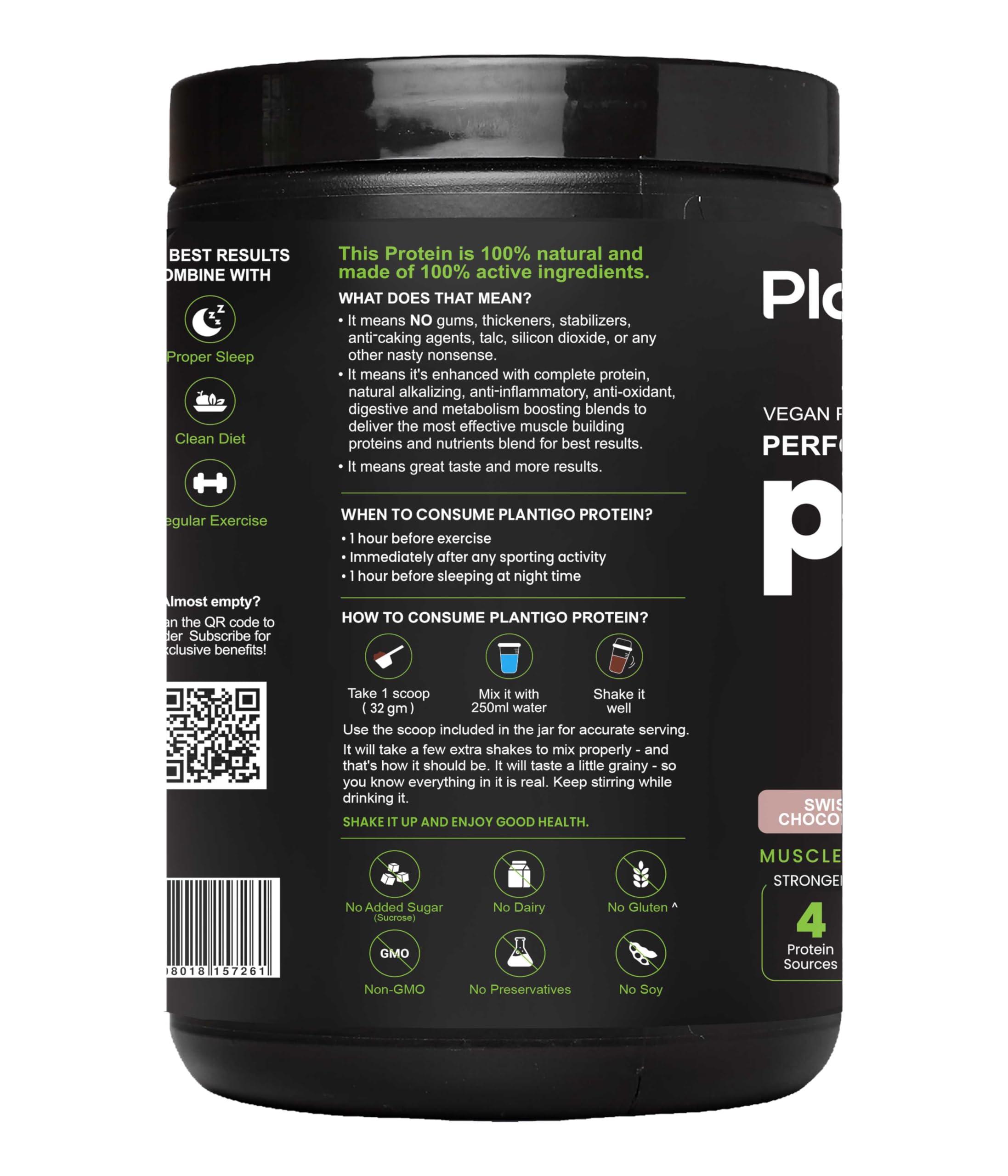 PLANTIGO Plantigo Plant Protein Powder for Men, Women | 24g Clean & Green Vegan Pea Protein Isolate, 4.4g BCAA, 4g Fiber, 2g Leucine, All Amino Acids, 4x Fast Digestion, 95% Absorption, Swiss Chocolate 1kg