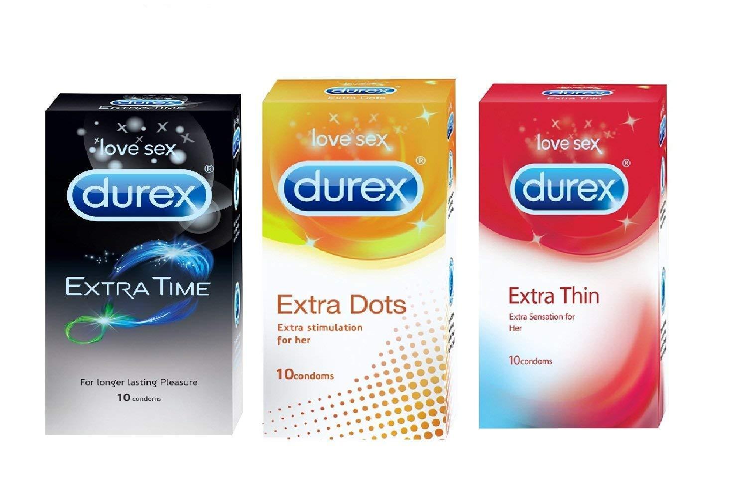 Durex Durex Condoms Extended Pleasure, Feel Thin , And Excite Me, 10Pcs - 3 Pack Combo