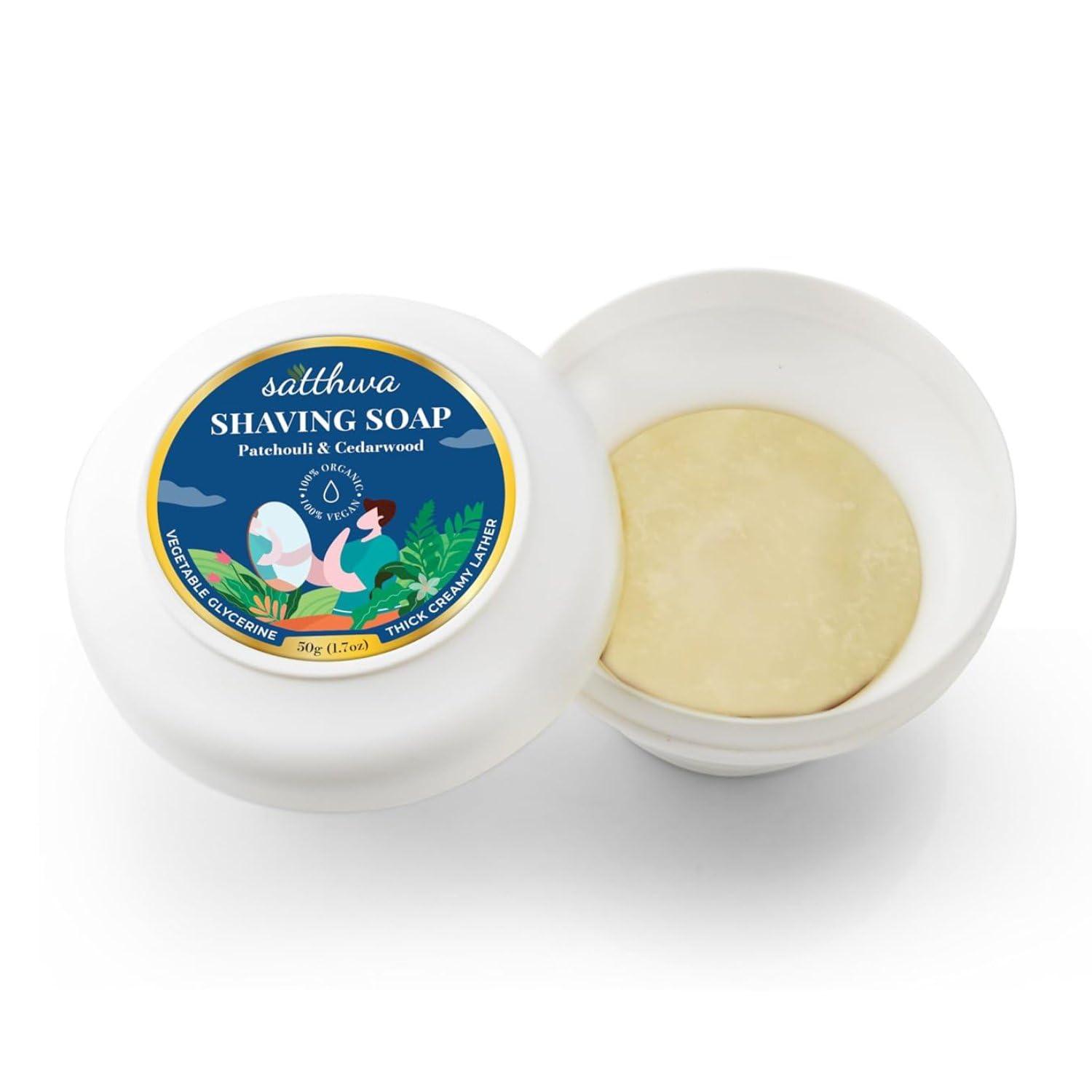 Satthwa Satthwa Organic Shaving Soap infused with Patchouli & Cedarwood | Create the Perfect Lather | Excellent for Silky Smooth Shaves | Hydrates and Shields, 50g (1.7oz)