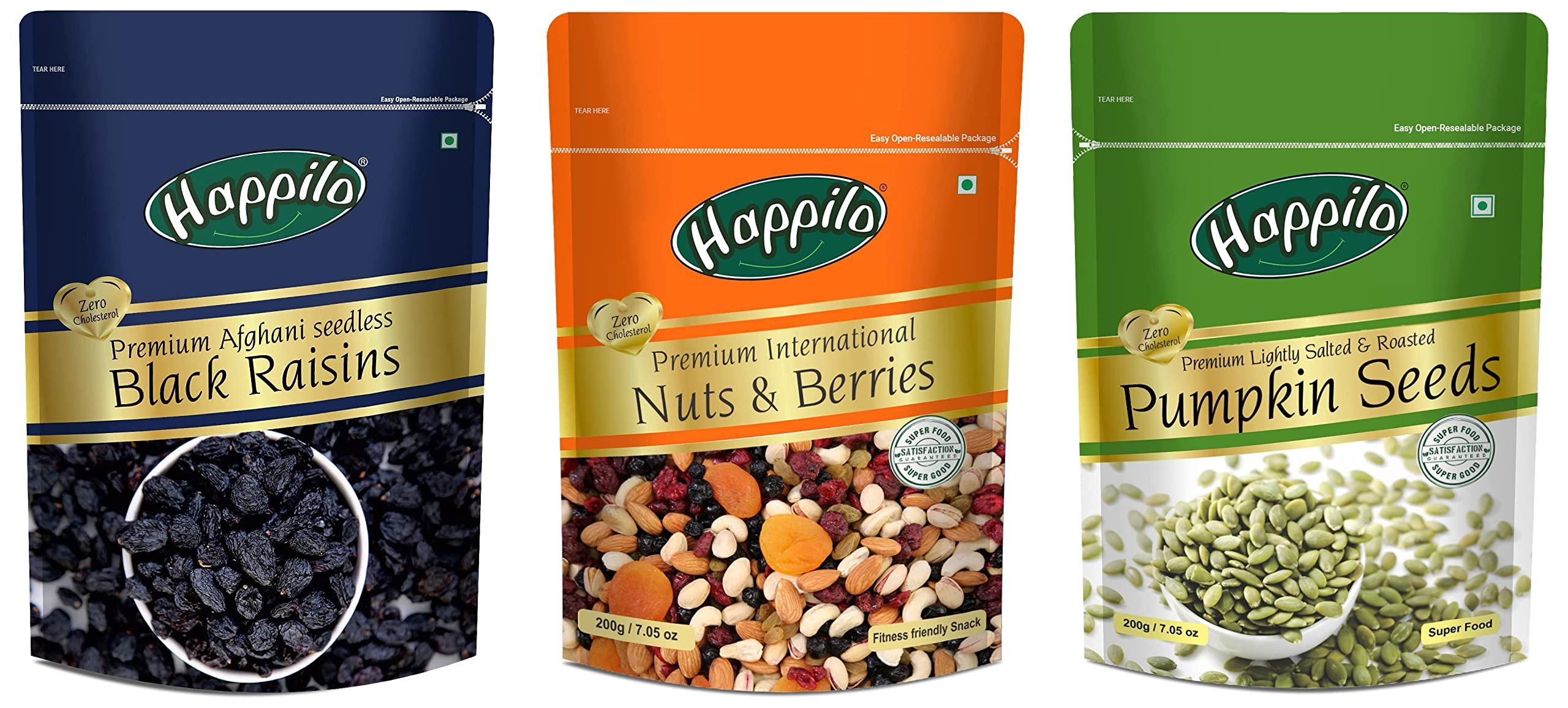 Happilo Happilo Premium International Dried Nuts and Berries, 200g & Premium Afghani Seedless Black Raisins, 250g & Premium Roasted Pumpkin Seeds for Eating 200g, Lightly Salted for Healthy Diet