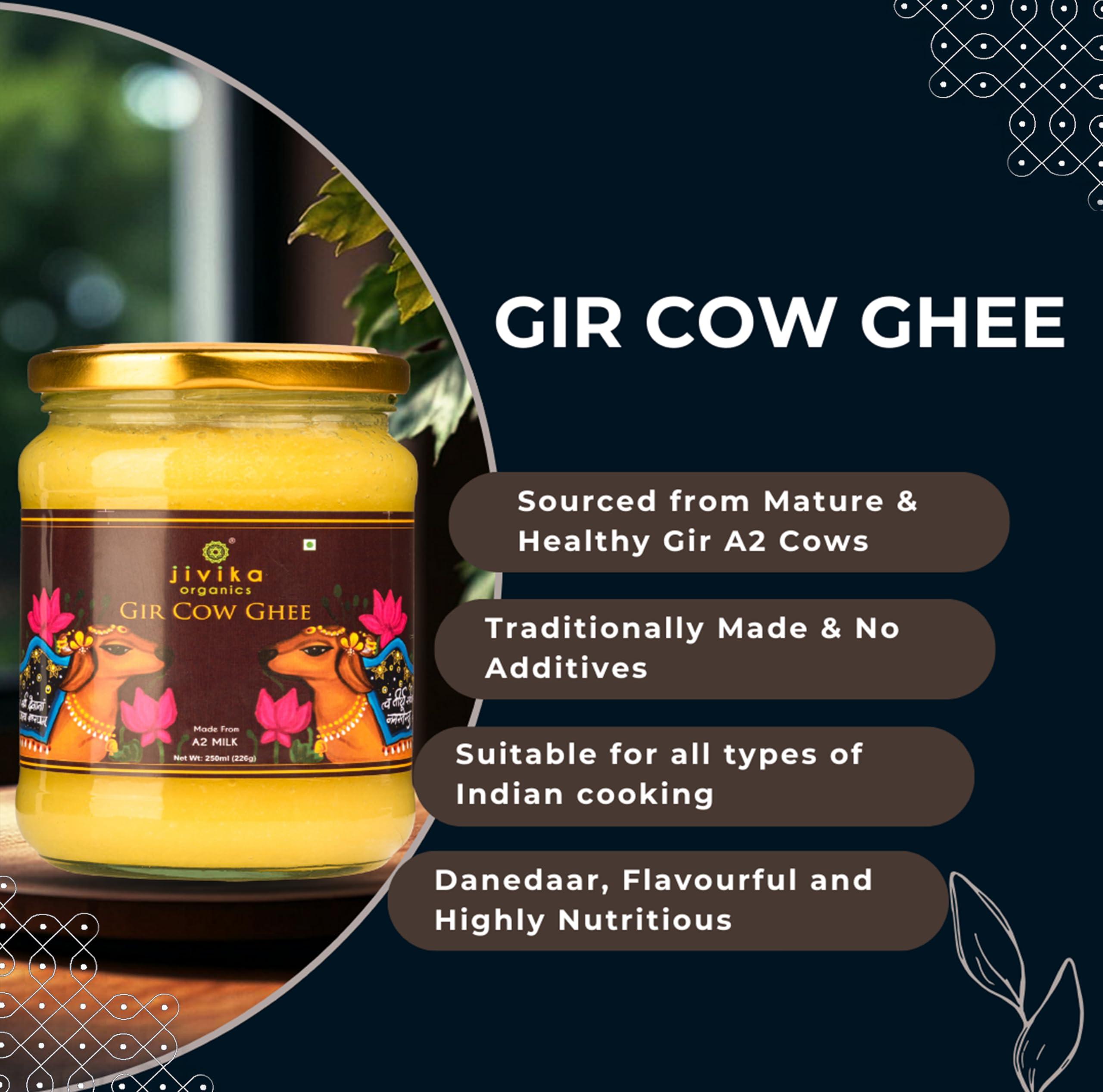 JIVIKA NATURALS Jivika Premium A2 Gir Cow Ghee 250ml | Vedic Bilona Method | Lab Tested | Pure Desi Cow Ghee | Hand Churned Two-way Direction | Churned from Curd | Pure Ghee | Danedar | Glass Jar