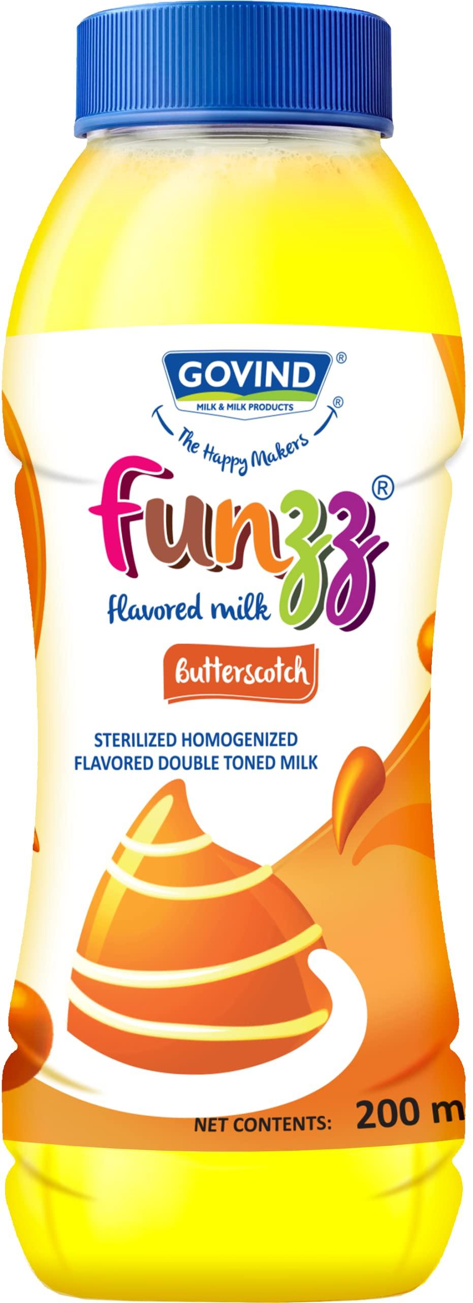 GOVIND MILK & MILK PRODUCTS Govind Funzz Flavoured Milk with Three Flavours - Butterscotch, Chocolate, Mango. 200ml Each, Pack of 12.