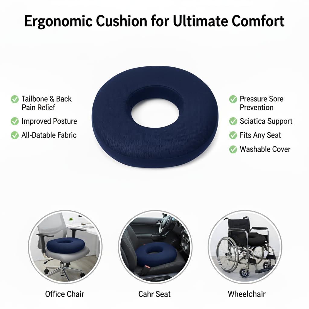 EASEFIT EASEFIT Orthopedic Soft Foam Donut Ring Cushion Pillow for Piles, Hemorrhoids Coccyx Tailbone Fistula Sciatica Post Natal Chair Lumar Pain Relief During Pregnancy, Seat Pillow, Washable, Blue