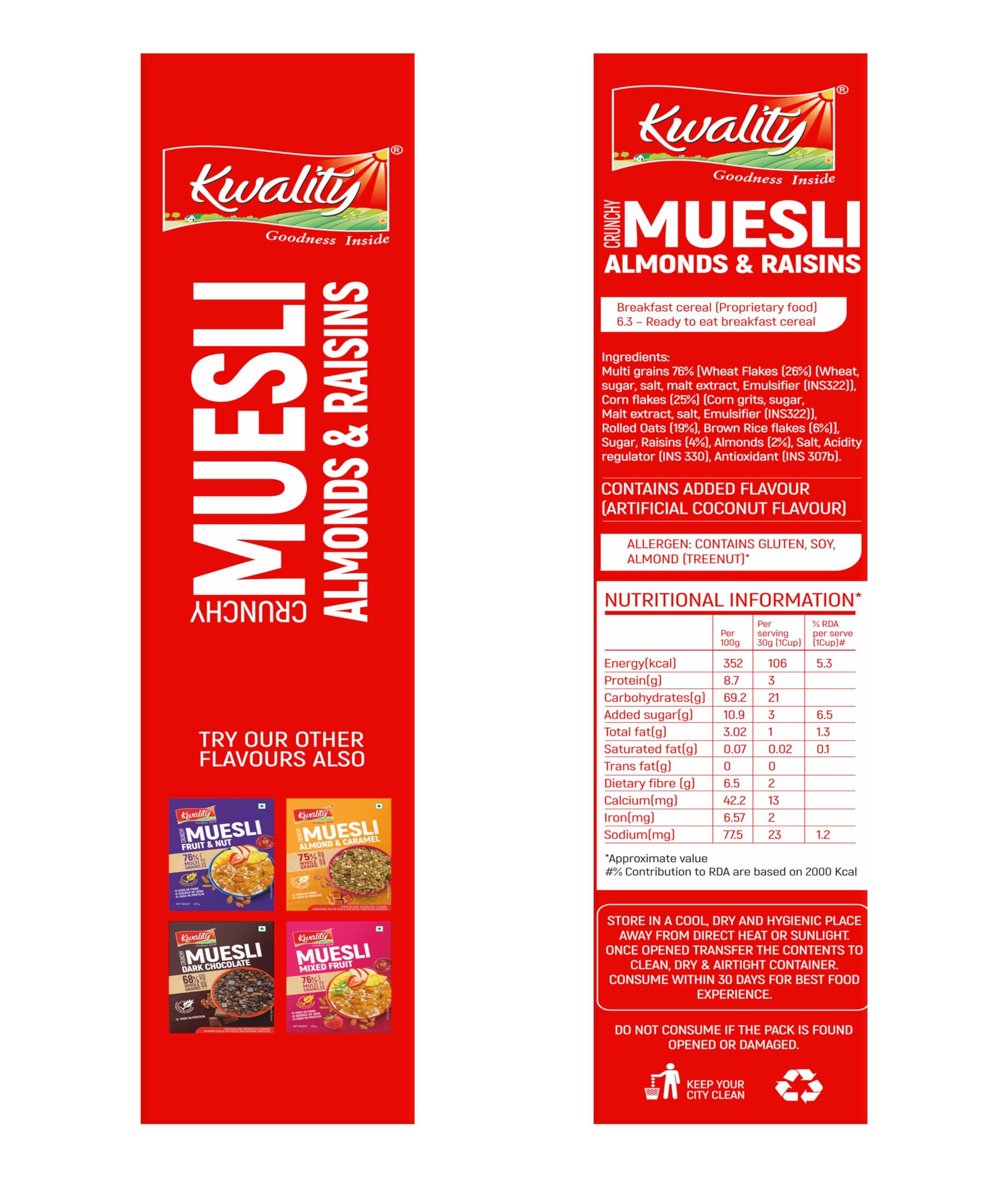 KWALITY Kwality Crunchy Muesli, Almonds Raisins and Honey -Goodness of Multigrain, High in Fibre, Source of Vitamin, Iron and Protein 400G 3 [Pack 3]
