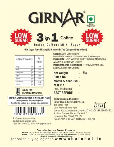 Girnar Girnar Instant Premix 3 in 1 Coffee (1kg Low Sugar Pack)
