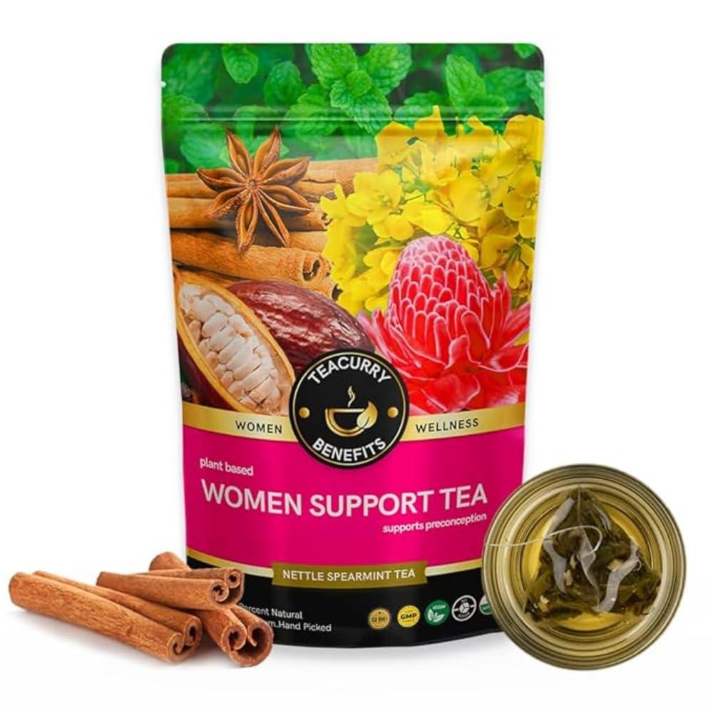 TEACURRY TEACURRY Women Support Tea - 1 Month, 100 gms - Spearmint, Asparagus, Shatavari, Nettle - Helps with Hormonal Balance, Tubal Blockage, Fibroids and Menopause (100 Grams | 1 Month Pack)