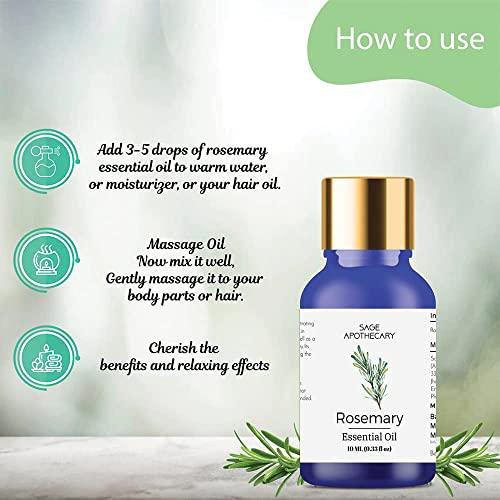 SAGE APOTHECARY Sage Apothecary Rosemary Essential Oil Hair Growth, Hair Fall Control and Nourishment Oil For Moisturizes Skin Body 100% Pure, Natural, Organic Essential Oil 10 ml
