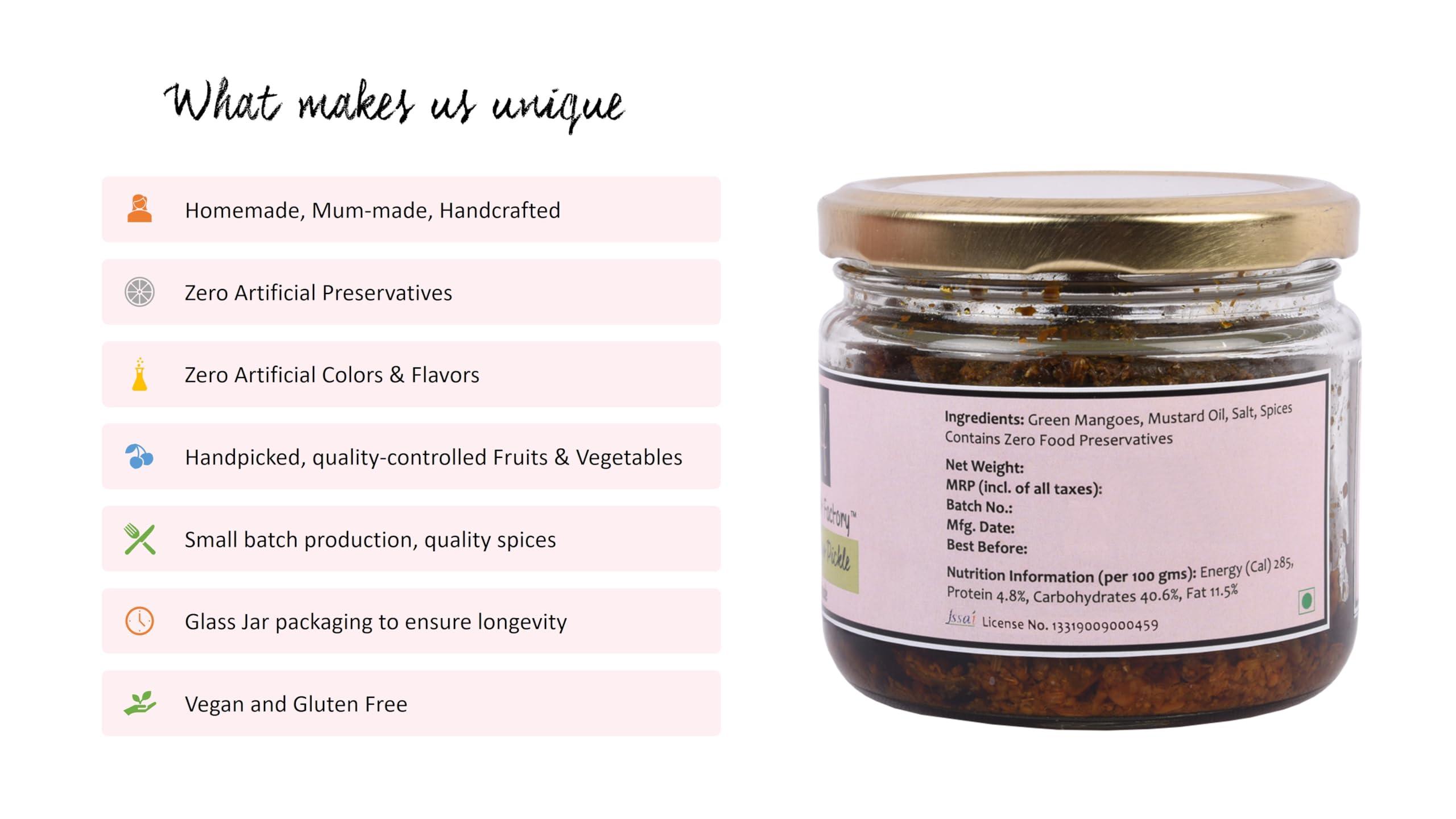 The Food Art Factory The Food Art Factory Dry Mango Pickle Handcrafted with Zero Preservatives, No Artificial Colors & Flavors, Gluten-Free -200 GMS, Homemade by Mother-Daughter Duo in small Batches using premium ingredients