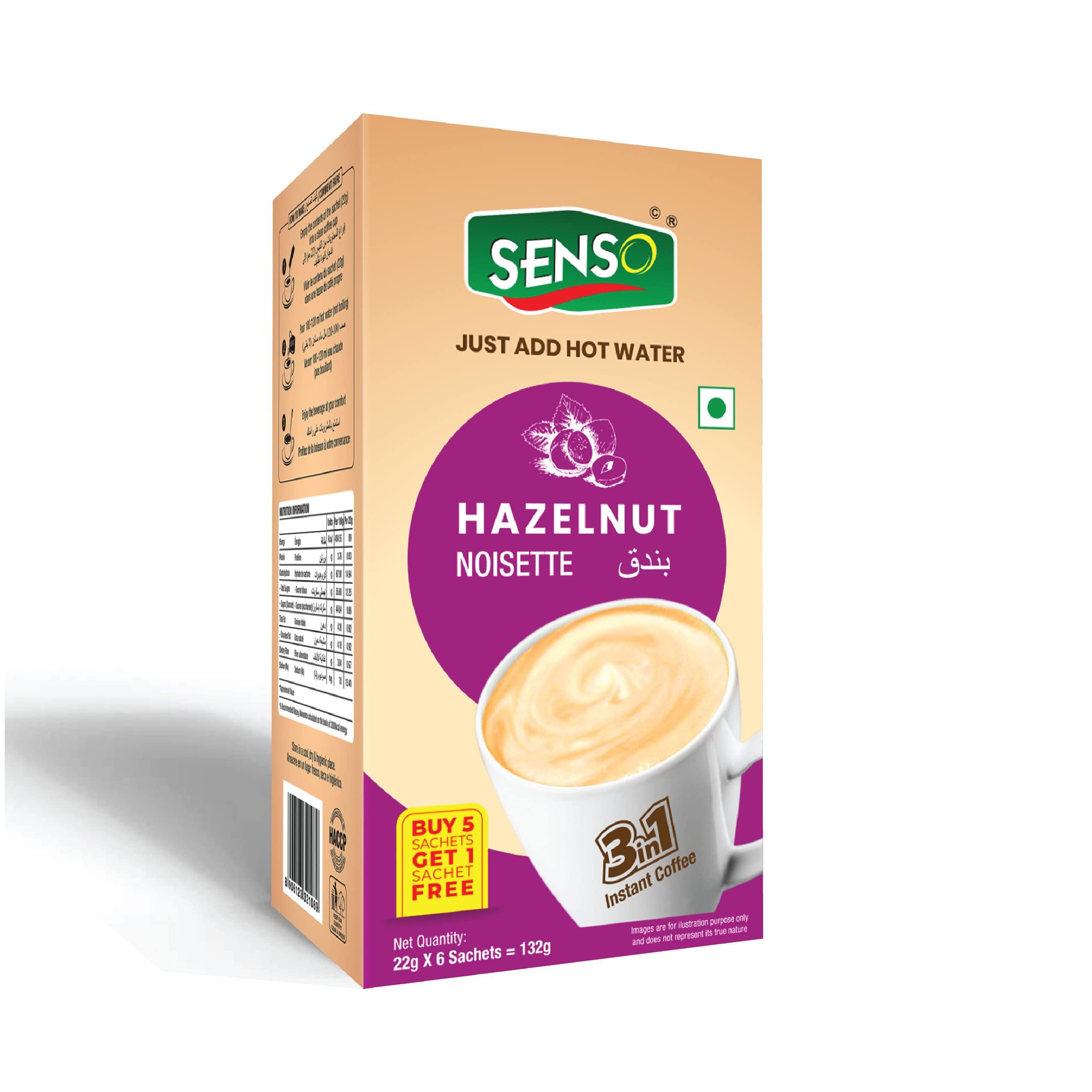 SENSO SENSO Instant Hazelnut Coffee Latte Premix|Hot & Cold Coffee|Premix Readymade Mix Pouch|Easy To Carry|Instant Coffee Powder Premix Sachets (Hazelnut) (5+1 Free), Pack Of 1 - 140 Gram