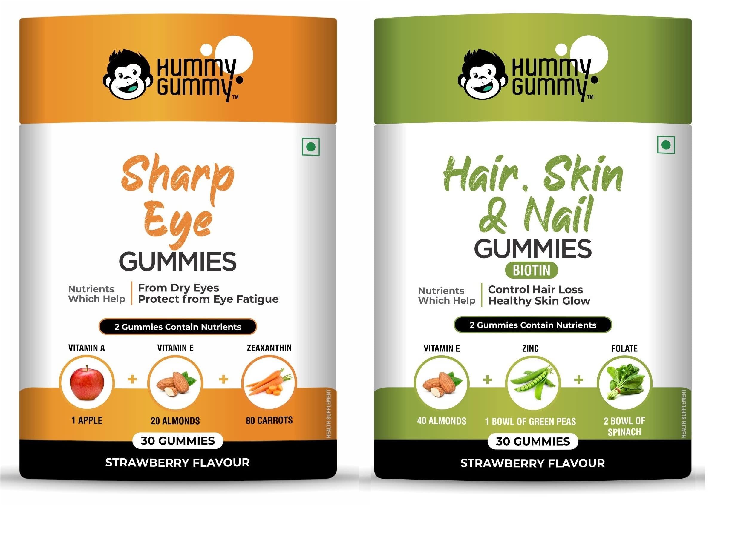 HUMMY GUMMY HUMMY GUMMY Combo of Sharp Eye Gummies & Hair, Nail & Skin Gummies (Pack Of 2, 60 Gummies) / Protects Against Dry Eyes, Digital Strain/for Hair Growth, Bright Skin & Strong Nails Notice
