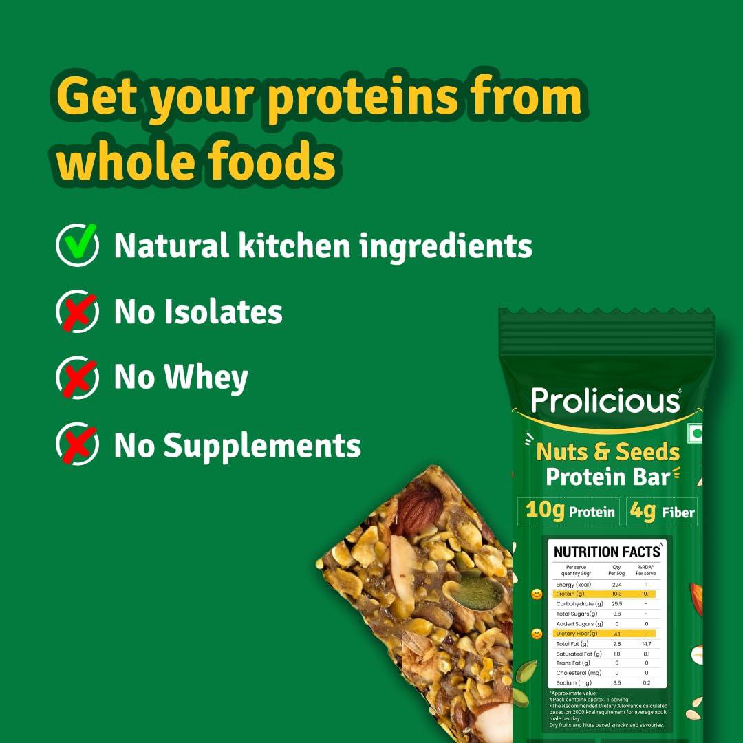 Prolicious Prolicious Nuts & Seeds Bar | 10 grams Protein & 4 grams Fiber | No Refined Sugar | Plant Based | Natural Ingredients | Pack of 6, 50 grams each