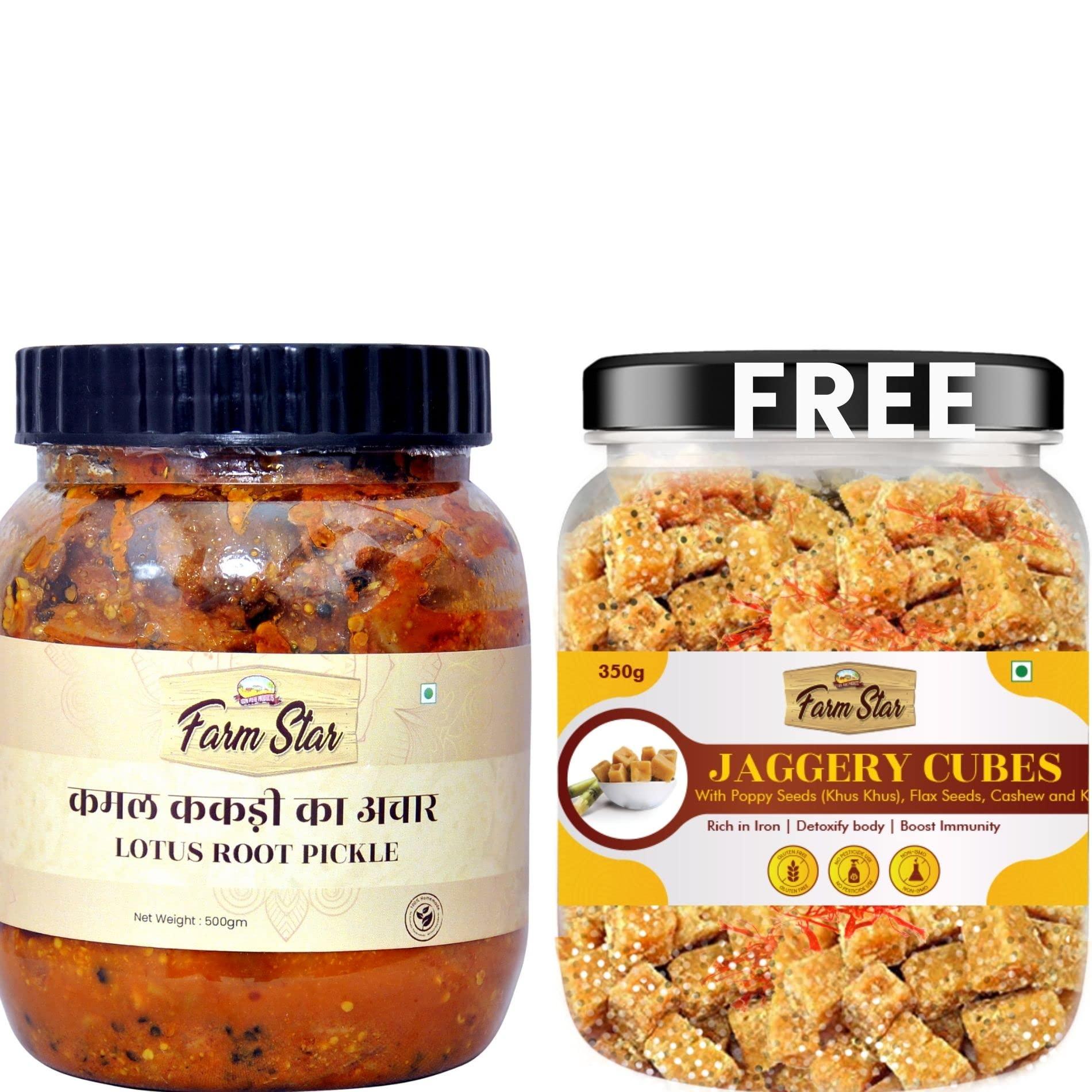 Farm Star KAMAL KAKDI KA ACHAR (LOTUS ROOT PICKLE) 500gm + 350gm - Jaggery Cubes FREE///