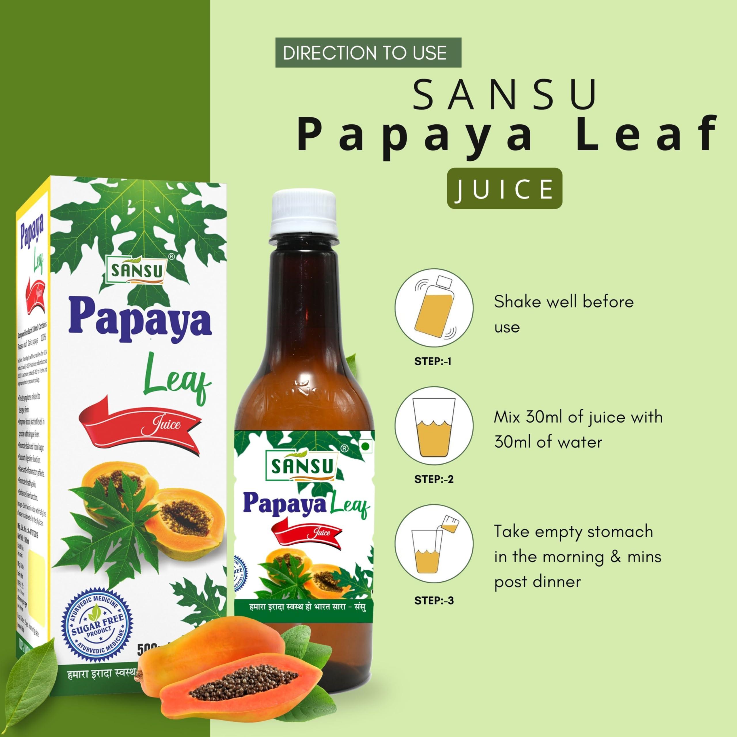SANSU Sansu Papaya Leaf Juice (Sugar Free), Ayurvedic, 100% Pure & Natural, 500ml.