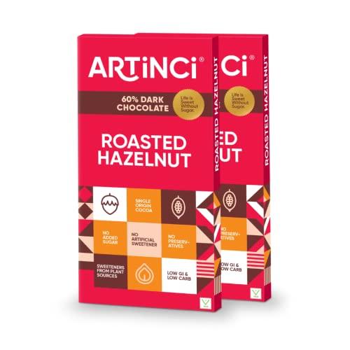 Artinci Artinci - Hazelnut Vegan Dark Chocolate Sugar Free Stevia Sweetened Keto Chocolate Diabetic Friendly 50g (Pack of 2)