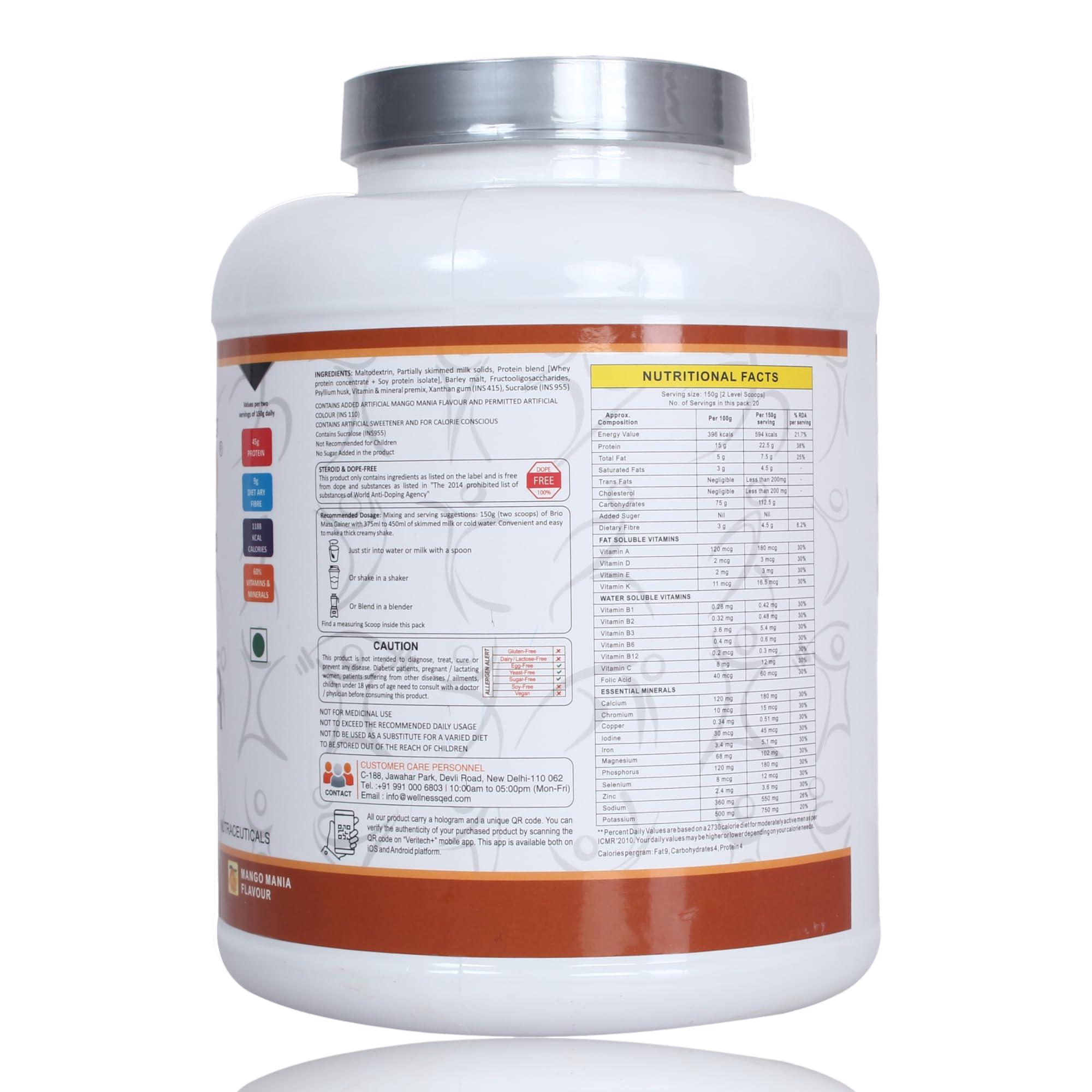 BRIO NUTRITION BRIO NUTRITION Mass Gainer High Protein Complex Carbs Blend With Easy To Digest Formula Barley Malt Probiotics | Gainer - 3kg Pack (Mango Mania Flavour)