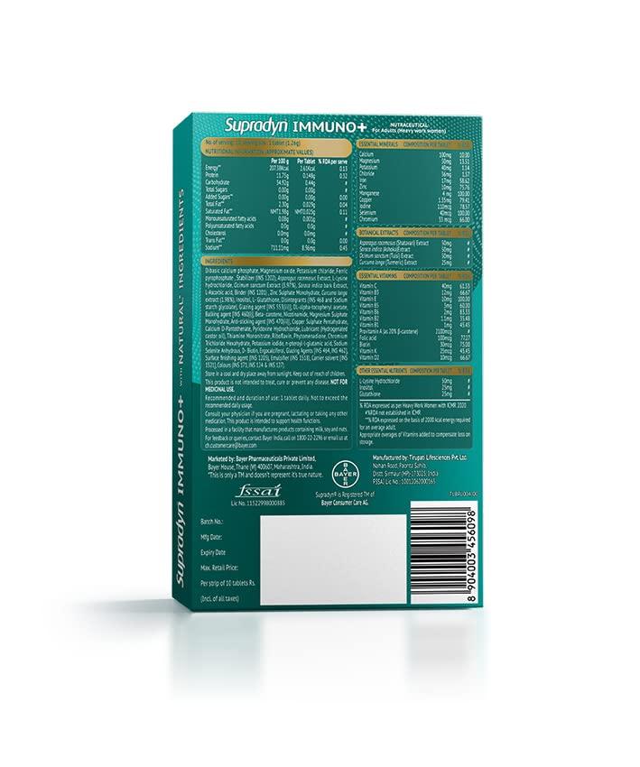 Supradyn Supradyn Immuno +, Multivitamin Vit C, Vit D, Zinc, Unique blend of Tulsi, Turmeric, Shatavari & Ashoka, Pack of 9 x 10 Tablets