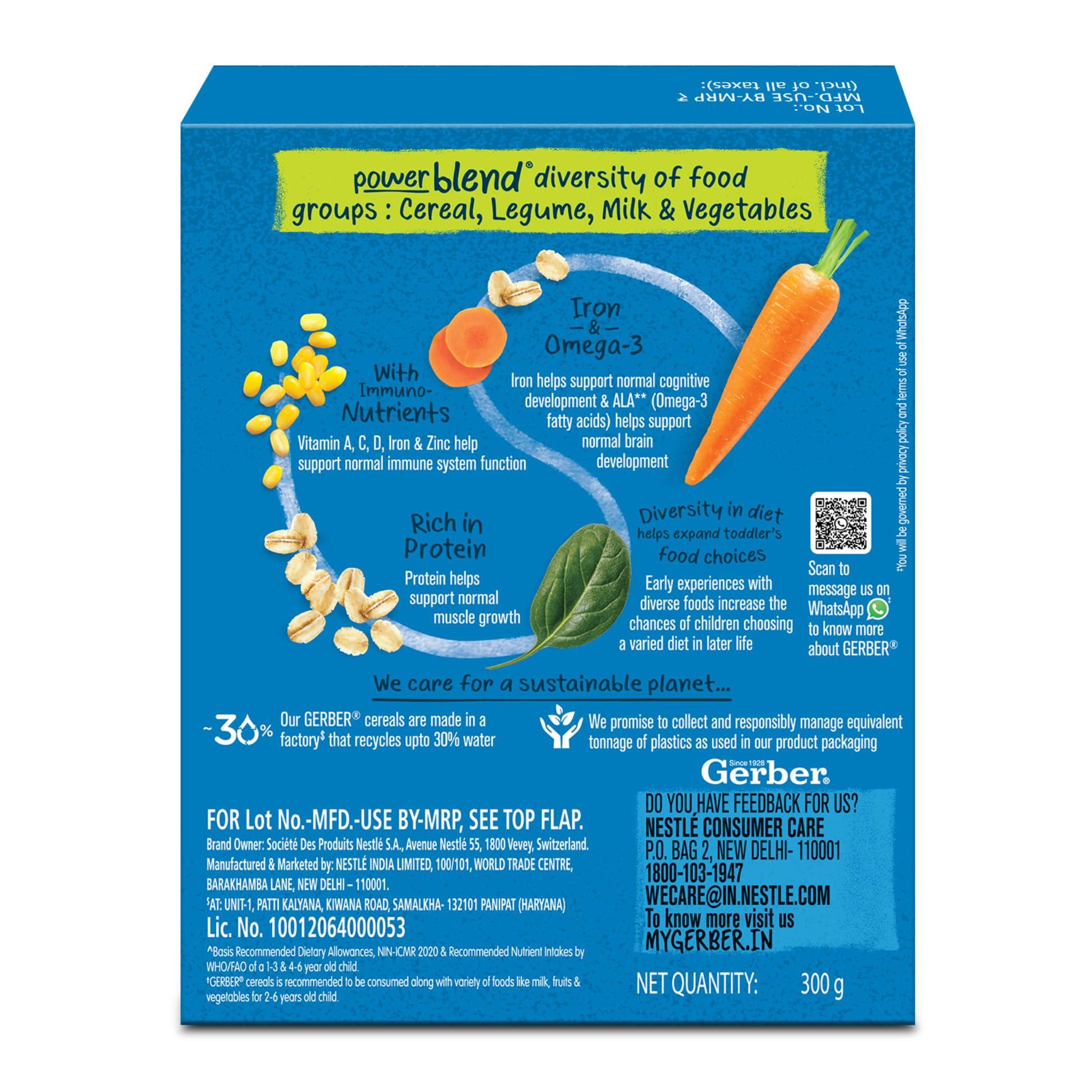 GERBER GERBER Cereals - Spinach & Carrot | Instant Cereal For Kids | 2-6 Years Of Age | Rich In Protein | With Iron & Omega-3 | No Added Colours Or Flavours | 300G