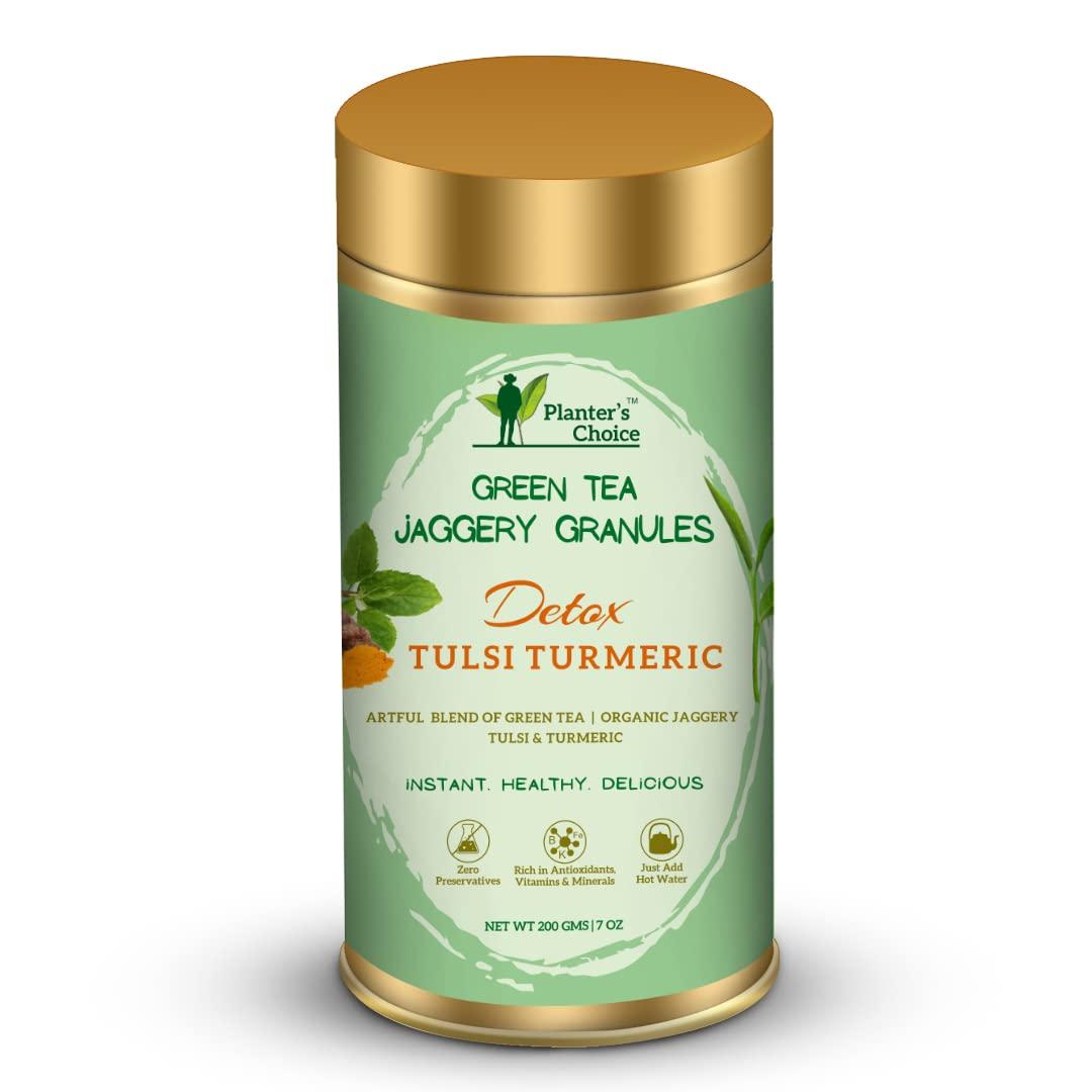 PLANTER'S CHOICE Planter's Choice 200GMS Instant & immunity Boosting Tulsi Turmeric Green Tea - Infused with Organic Jaggery Granules,Tulsi & Turmeric - Detoxifying & Antioxidant Rich -100% Natural - Zero Preservative