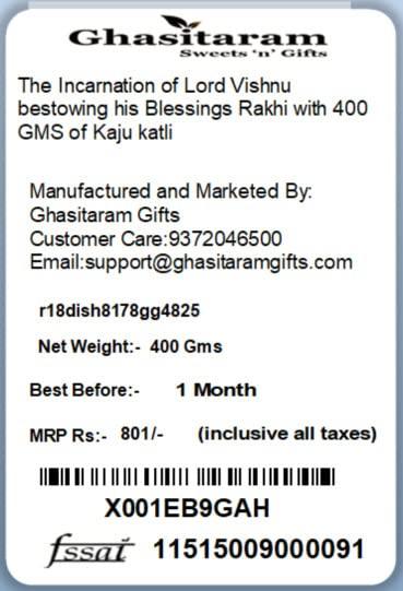 Ghasitaram Gifts Ghasitaram Gifts Rakhi for Brother Rakhis Online- The incarnation of Lord Vishnu bestowing his blessings Rakhi with 400 gms of Kaju katli