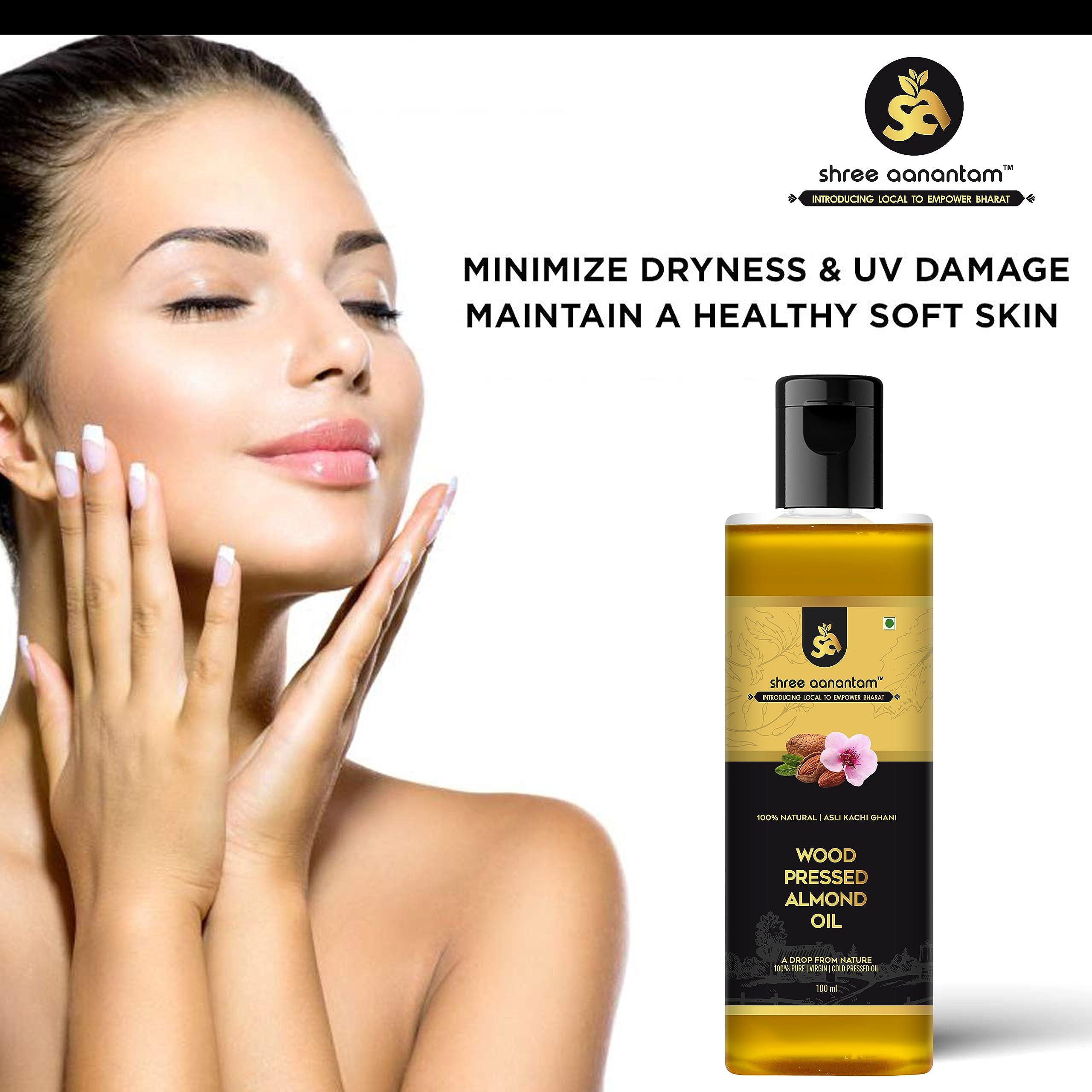 Shree Aanantam Shree Aanantam Cold Pressed Sweet Almond Oil - 100ml x 2 | Badam Tail | Rich in Vitamin E | For Healthy Skin, Hair and Body | Virgin & Cold Pressed - 100ml (Pack of 2)