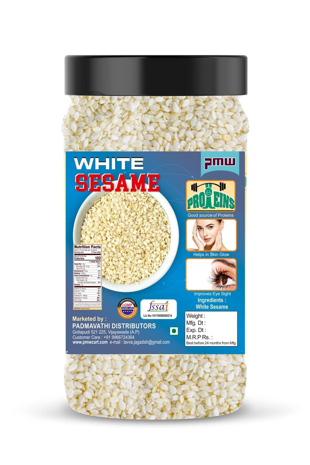 Pmw Pmw - Grade A Quality - Jar Pack - White Sesame Seeds - Nuvvulu - Til - Till - with Cover/Shell - 250 Grams