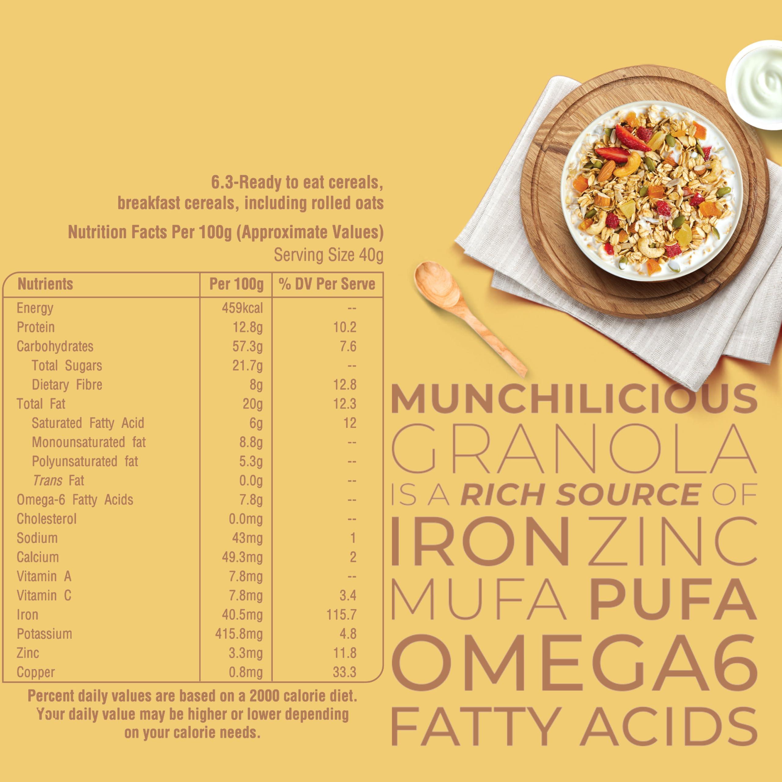 Munchilicious Granola Munchilicious Granola Breakfast Cereal Dried Fruits - 350gm | 82% Nuts, Seeds, Grains & Fruits | High in Protien & Fiber | Source of Omega | Oat Flakes | Ready To Eat Healthy Granola For Breakfast