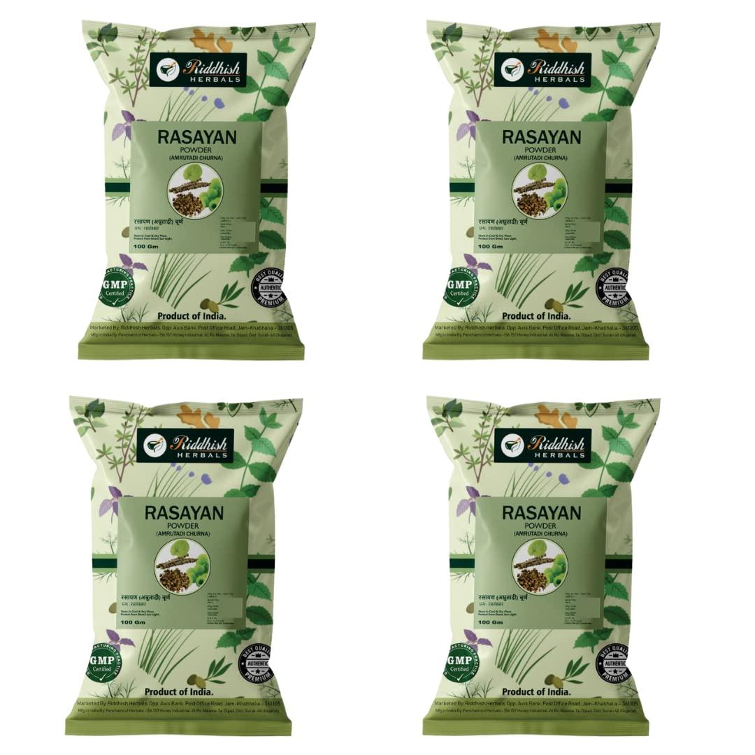 Riddhish HERBALS Riddhish Herbals Organic Rasayan Churna (Amrutadi Churna) - COMBINATION OF Guduchi (Giloy) Gokshura Amla Ayurvedic Powder For Digestion, Immunity Booster - 100gm Each (Pack of 4)