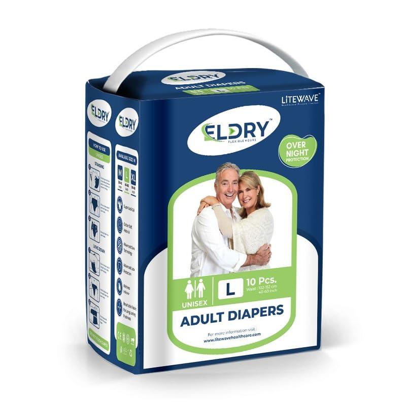 ELDRY Eldry Adult Diaper, Tape Style, Large (L) Size, 60 Count, Unisex, Waist Size (40-60 Inch | 102-152 cm), Super Absorbent Core, Wetness Indicator, Overnight Protection, Pack of 6