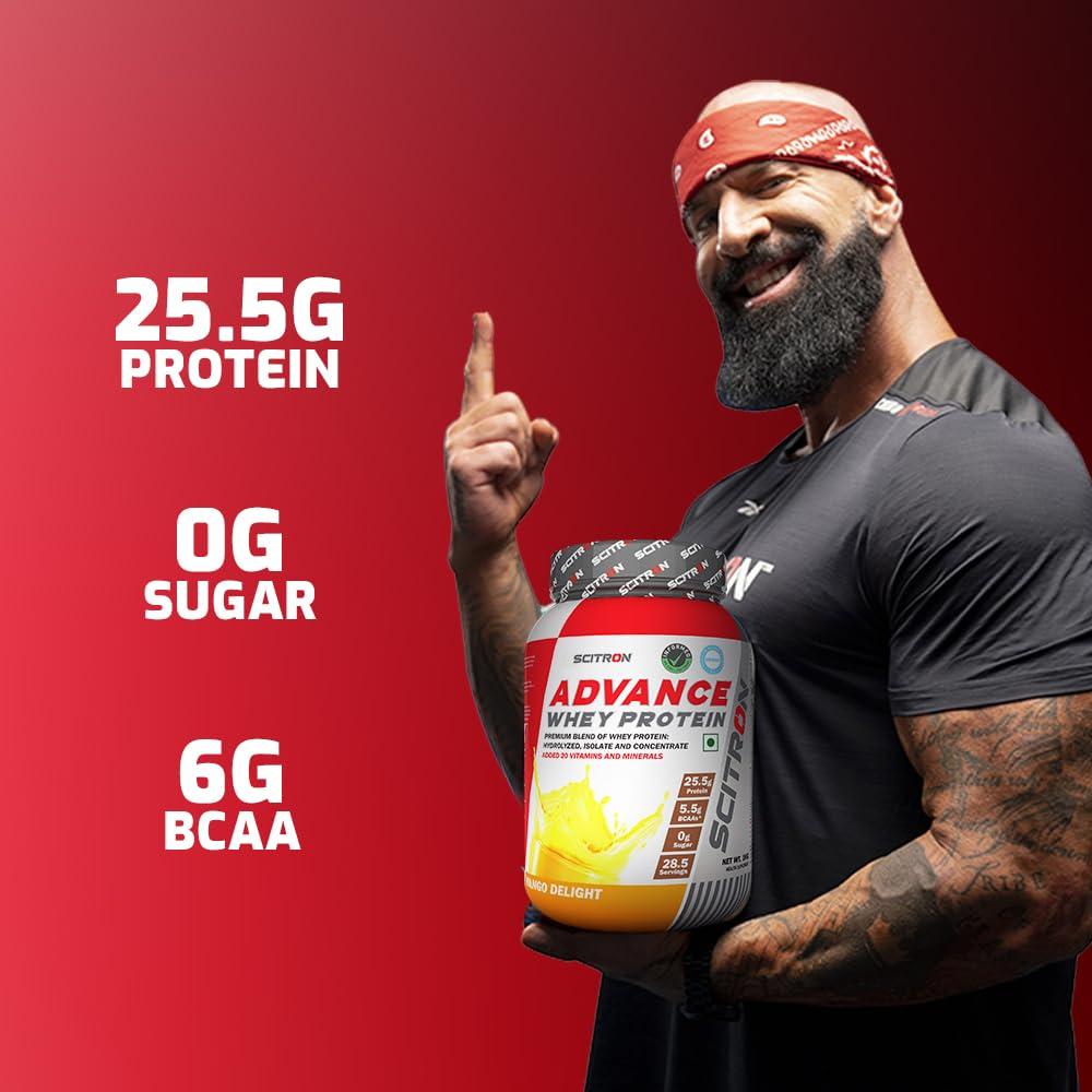 SCITRON Scitron Advance Whey Protein 1Kg Mango Delight (28.5 Servings, 25.5g Protein, 5.5g BCAAs, 0g Sugar, 20 Vitamins & Minerals) Certified by Labdoor, USA | Sourced from Glanbia Nutrition | Certified by Informed Choice