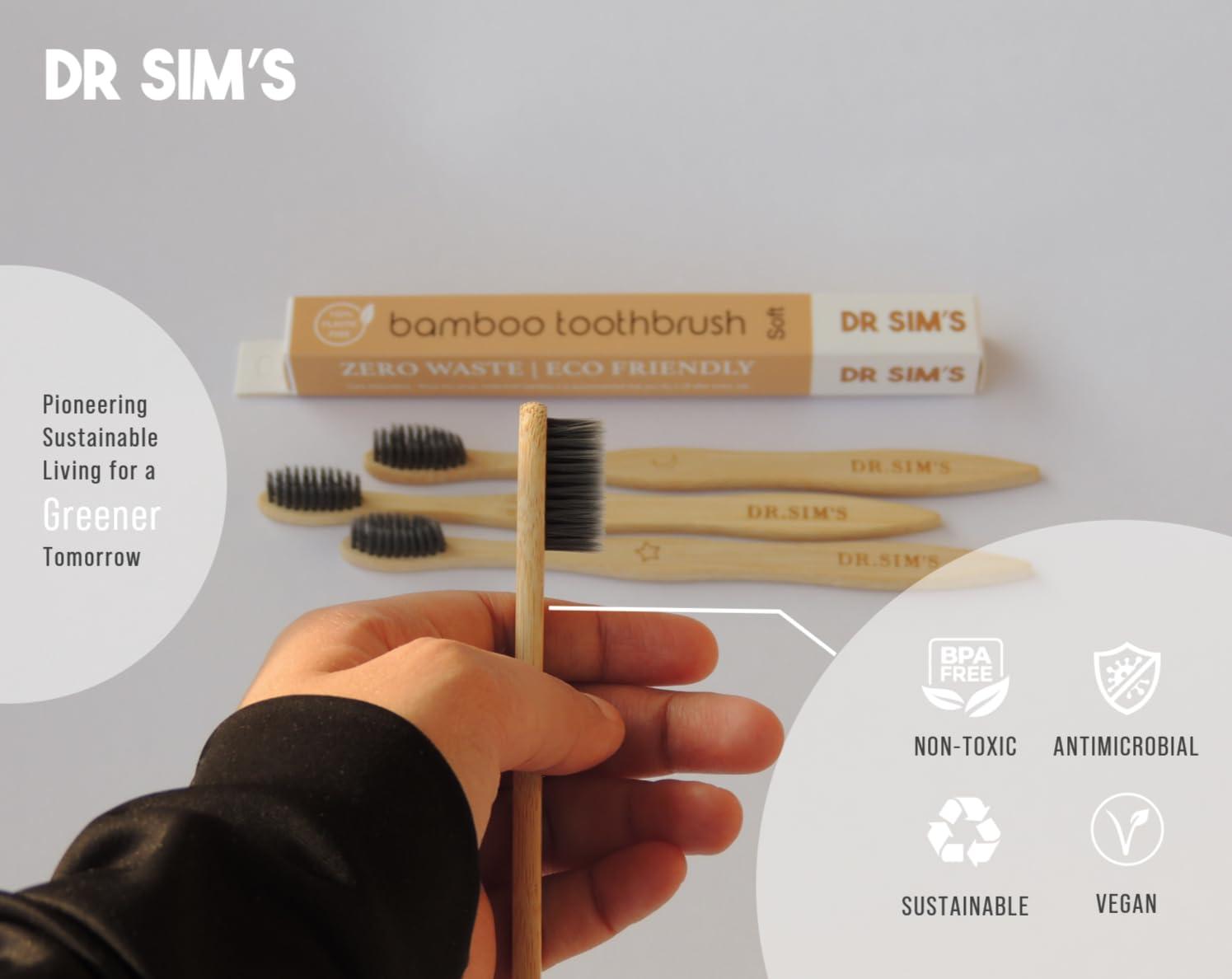 Dr Sim\'s Dr Sim\'s Bamboo Toothbrush | Pack of 4 | 1 Soft Charcoal Black & 1 Ultra-Soft Natural Fibre Beige Bristles for Adults and 2 Colorful Soft Bristles for Kids | Non-Toxic, Sustainable, Vegan, Anti-Microbial