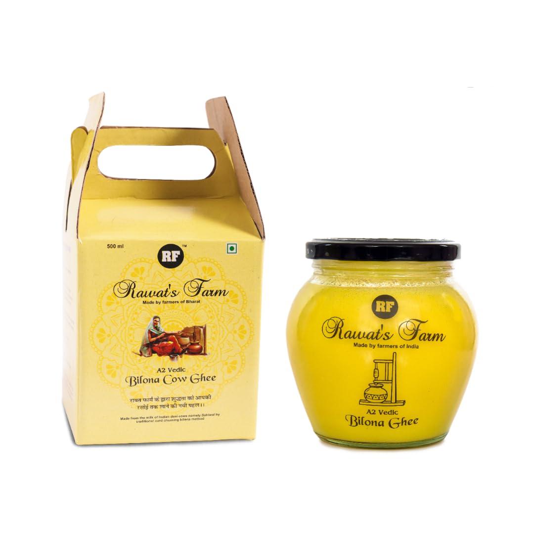 Rawat\'s Farm Rawat\'s Farm A2 Vedic Bilona Cow Ghee 500 ml | Glass Jar | Curd Churned Bilona Ghee | Government Laboratory Passed | 100% Natural | Immunity Booster | Good for Heart |