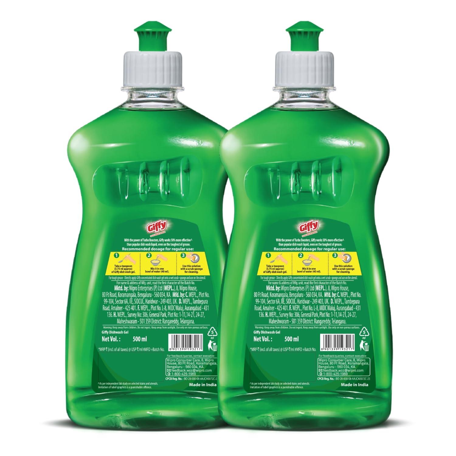 Giffy Giffy Concentrated Liquid Dish Wash Gel 500ml Pack of 2 with Active Salt & Lime| 2x Faster Tough Grease Removal & Mild Fragrance| Removes Tough Malodour| Leaves No White Residue| Hand-Safe