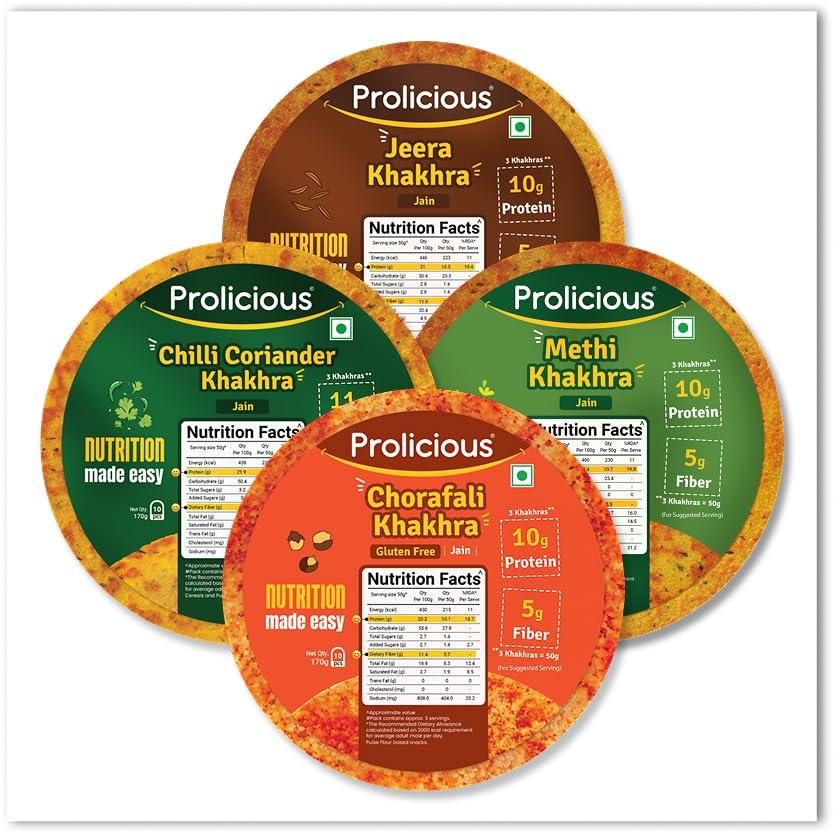 Prolicious Prolicious Jain Khakhra Combo | Plant Based High Protein Healthy Anytime Snack | No Palm Oil (Pack of 4, 170Grams Each)