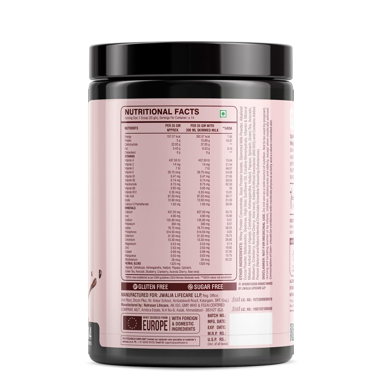 Sparkfusion Sparkfuison Gain+ Women Weight Gainer | With Full Power 12 Herbs,Protein & Vitamins | For Improves Figure And Curve Size | Weight + Mass Gainer For Women Chocolate Smoothie flavour 500 gm