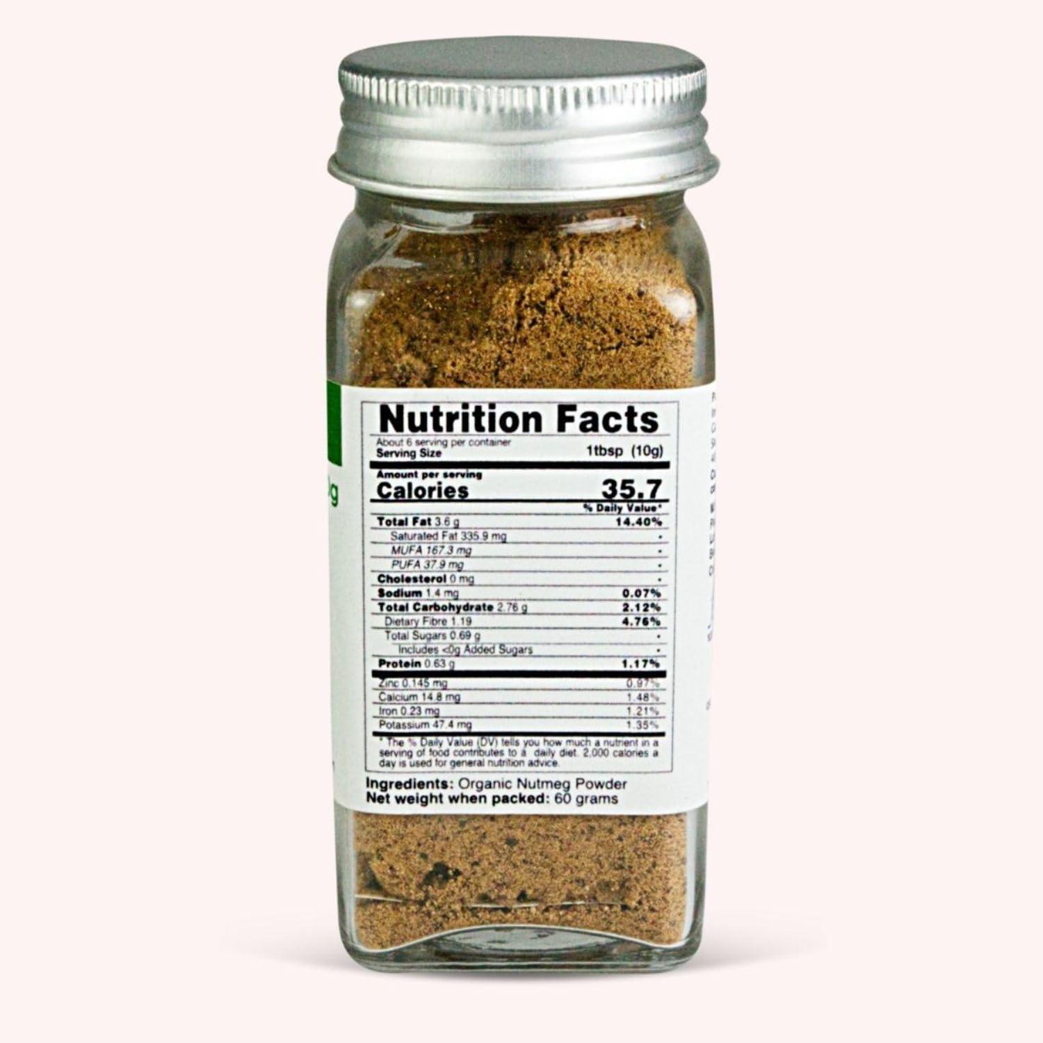 Pure Tree Pure Tree Certified Organic Nutmeg Powder | 60 g | Glass Jar | Grounded Jaiphal Powder Jathikai Powder | Organic Jaifal Powder for Baby | Jayfal, Myristica Fragrans