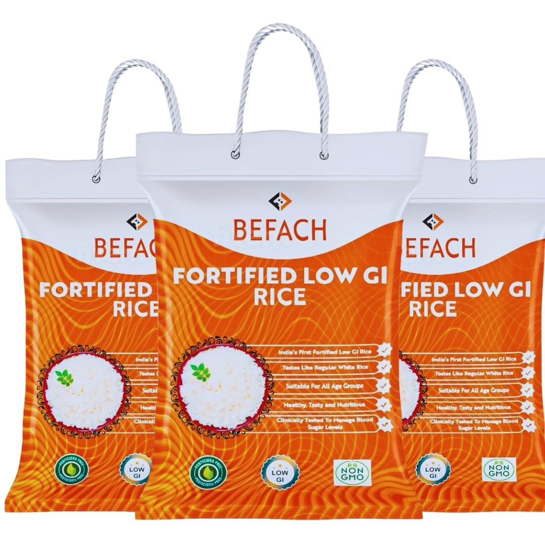 Befach 4x Befach Fortified Low GI Rice | Free of Pesticides, Non GMO, Certified Low GI & Low Sugar White Rice Perfect for Diet & Diabetic Patients | 4.5 kg (Pack of 3)