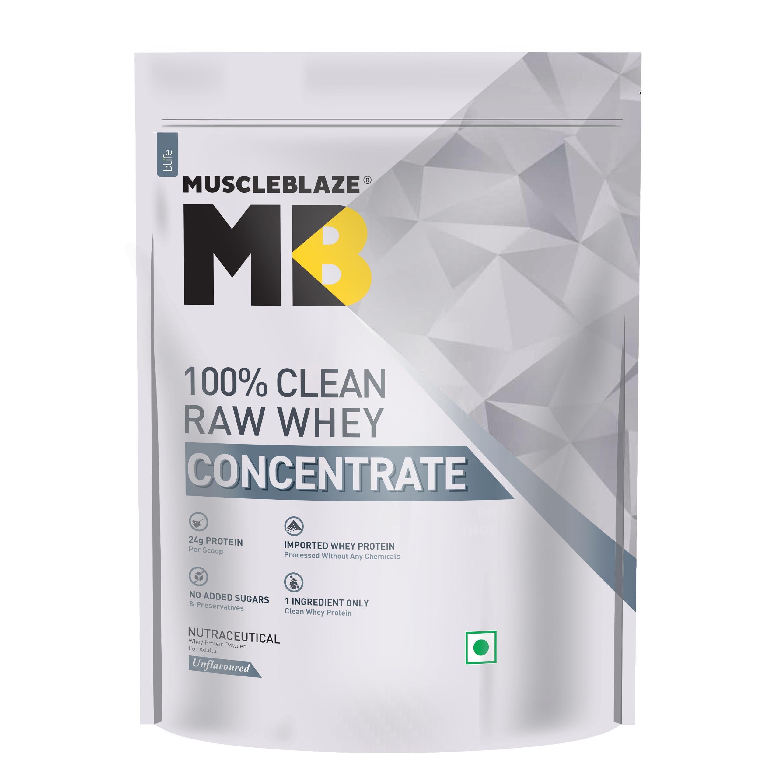 MuscleBlaze MuscleBlaze Raw Whey Protein Concentrate 80% with Added Digestive Enzymes, Labdoor USA Certified (Unflavoured, 500 g / 1.1 lb)