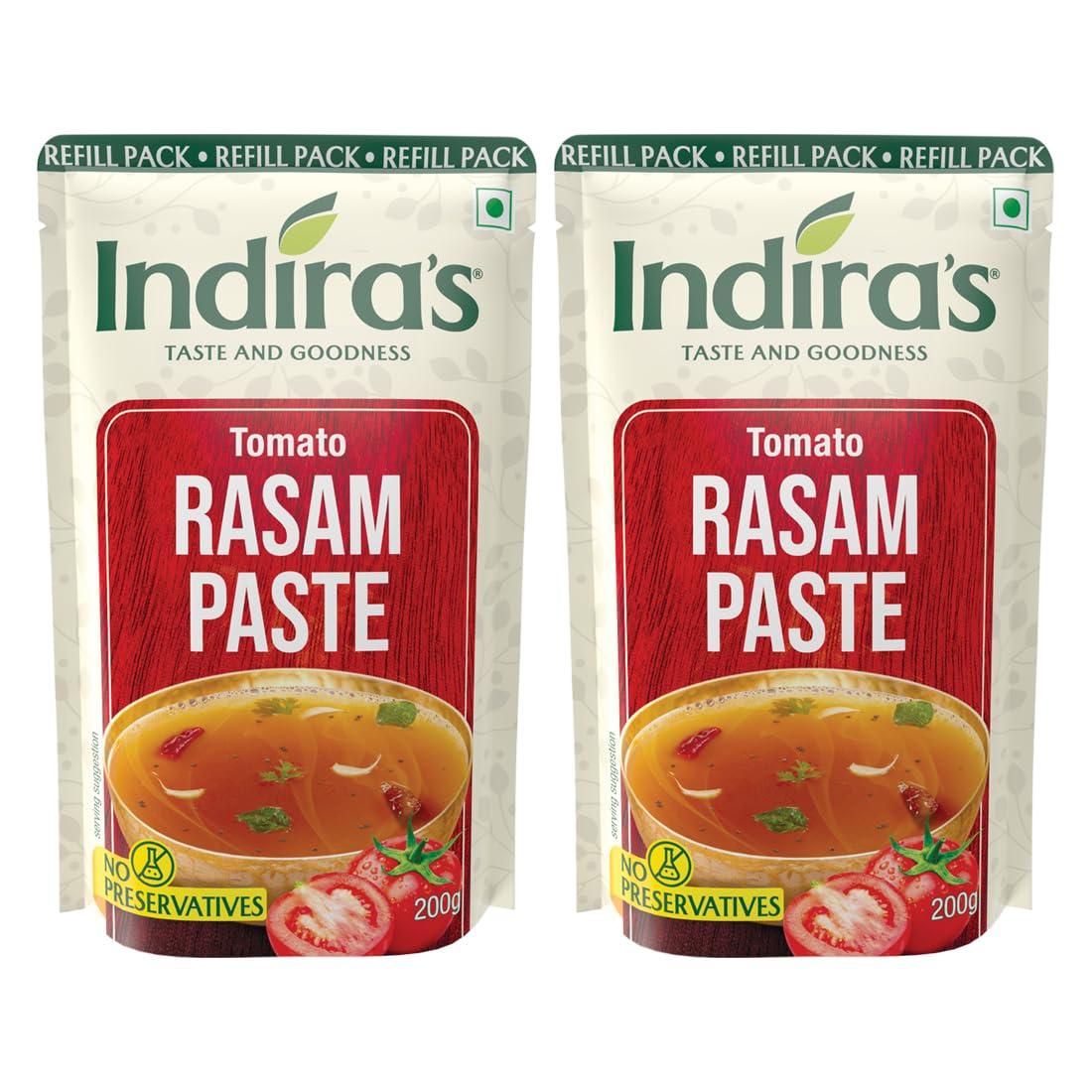 Indira\'s Indira\'s Instant Tomato Rasam Paste, More Flavourful than Rasam Powder Masala Mix, Ready To Eat Rasam, No Need For Cooking - Just Add Hot Water - 200g (Pack of 2)