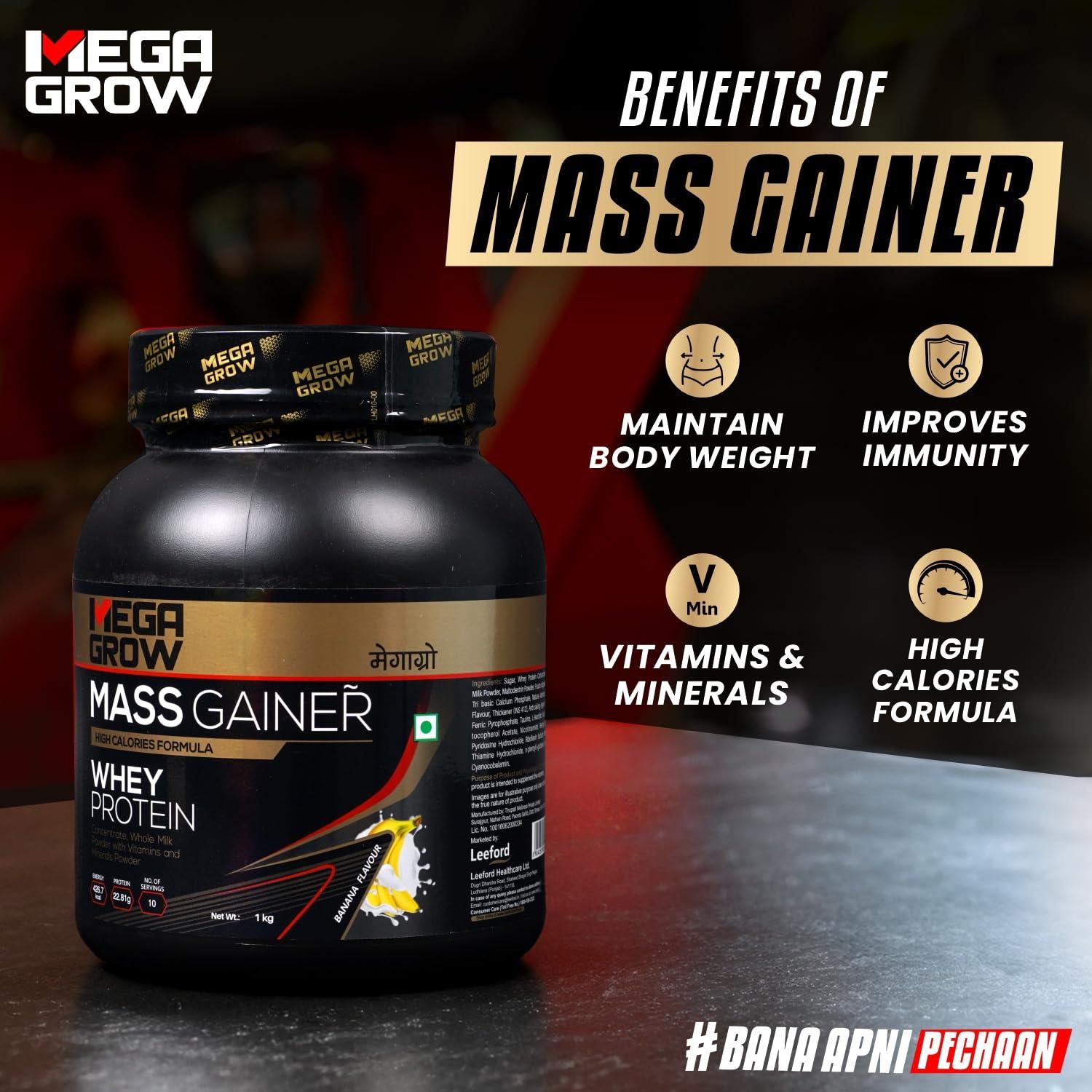MEGAGROW Megagrow Mass Gainer 1kg Banana Flavor High Calorie Whey Protein Powder for Muscle Growth & Muscle Buidling Pre/Post Workout Supplement for Men & Women - Total 10 Servings