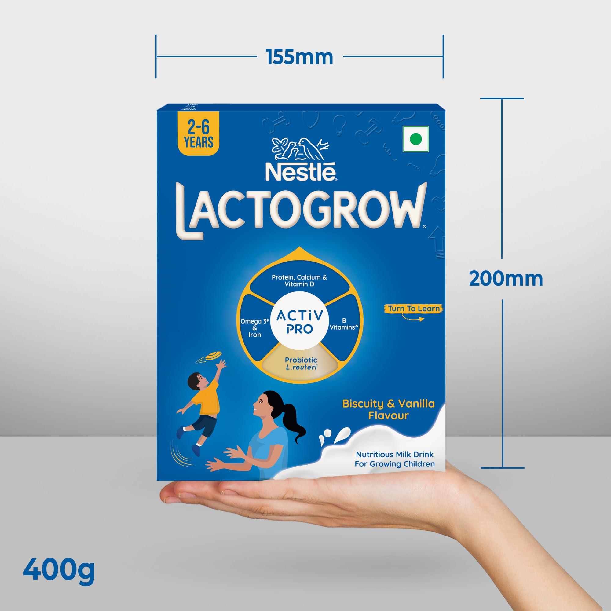 Nestle LACTOGROW Nestle LACTOGROW Nutritious Milk Drink Powder | Biscuity Vanilla Flavour (2-6 Years), (Pack Of 2), 800g, Bag-In-Box Pack