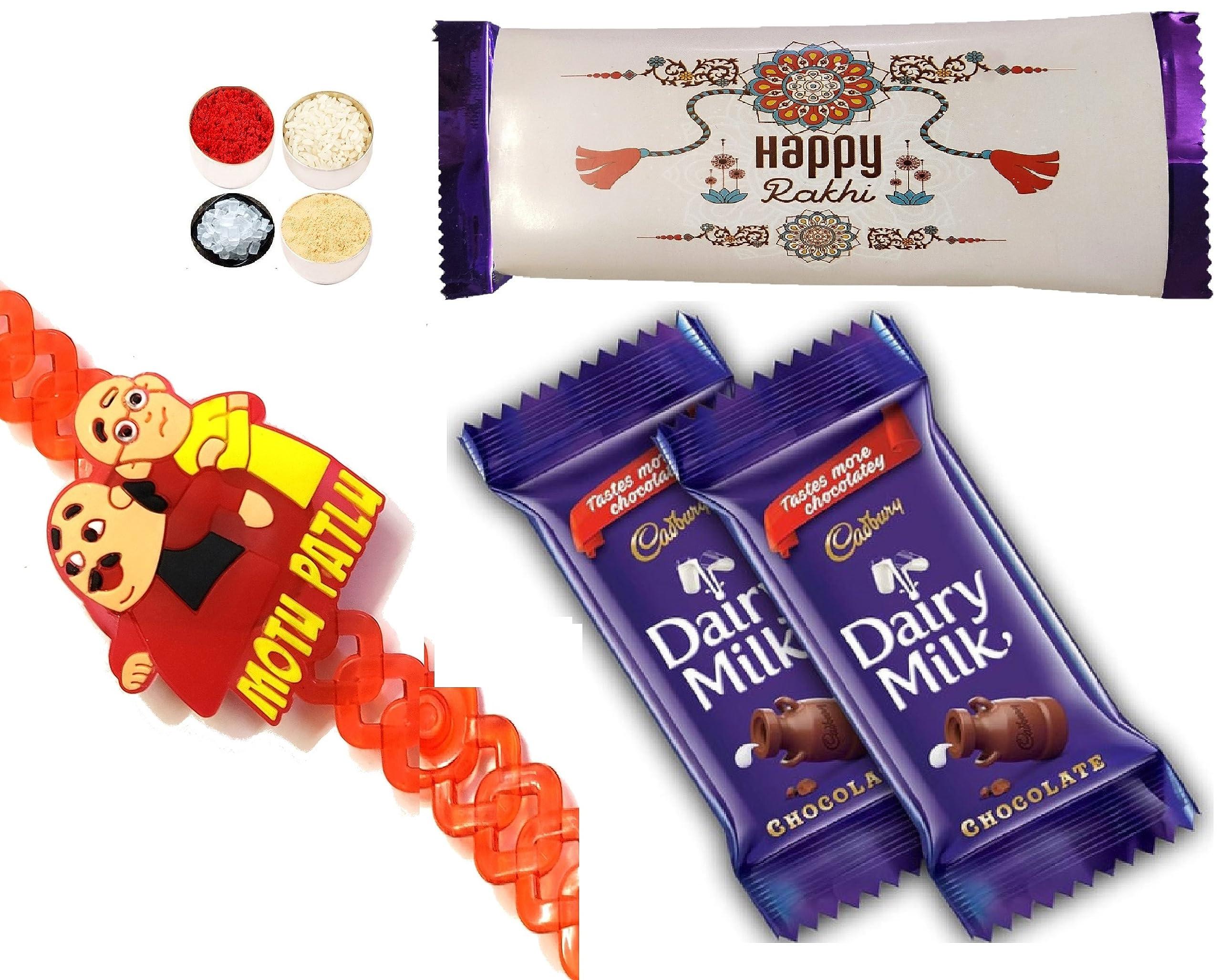 Velour Shoppe Motu Patlu LED Light Rakhi for Kids Brother, 2 Theme Chocolates with Personal Message & Roli Chandan Chawal Mishri Pack for Small Bhai Bhaiya