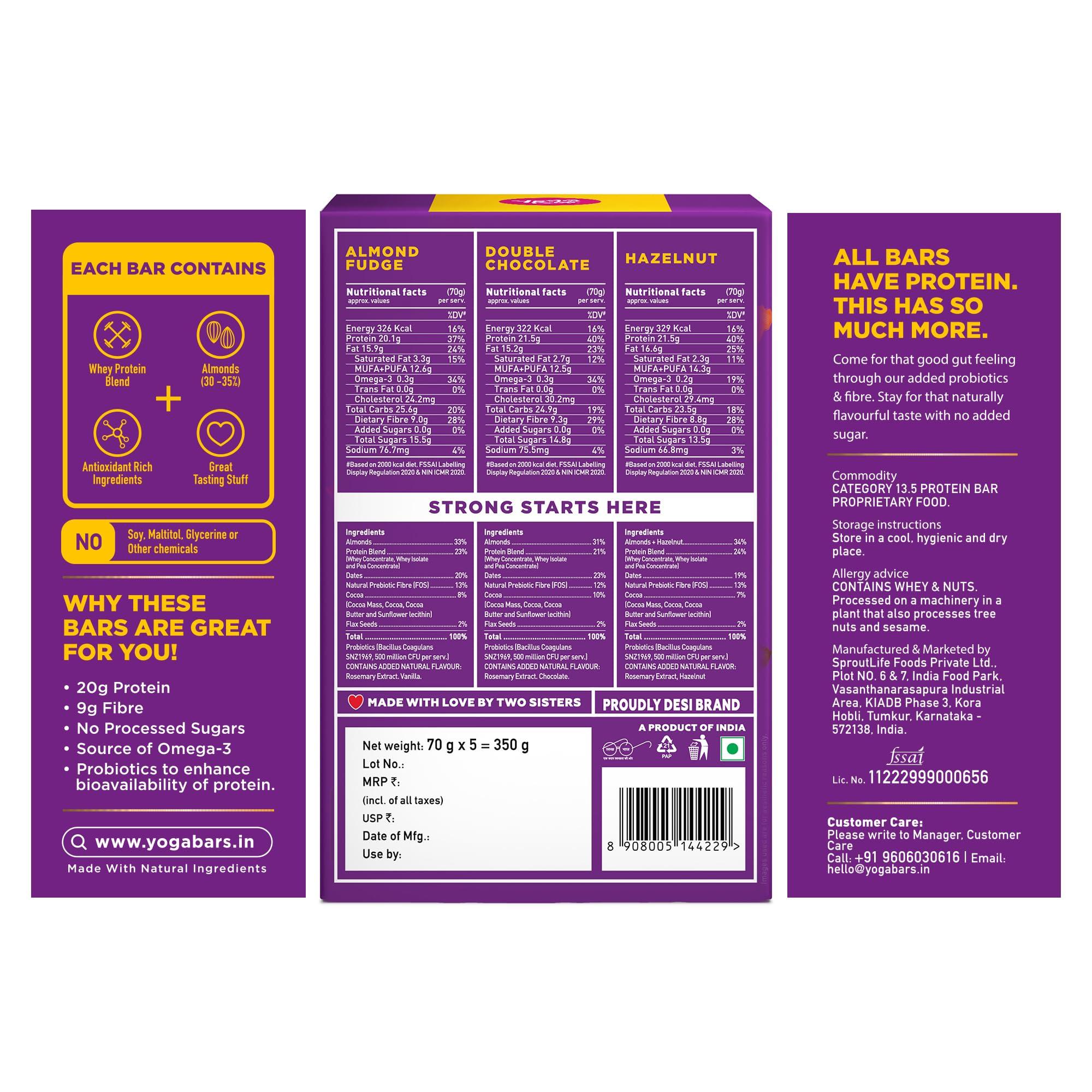 Yogabar Yogabar No Added Sugar 20g Protein Bars | High Protein & Energy Bars | Added Probiotics & Whey | 20g Protein & 10g Fibre Nutrition Bars| Pack of 15 x 70g Each | No Preservatives | Pack of 3