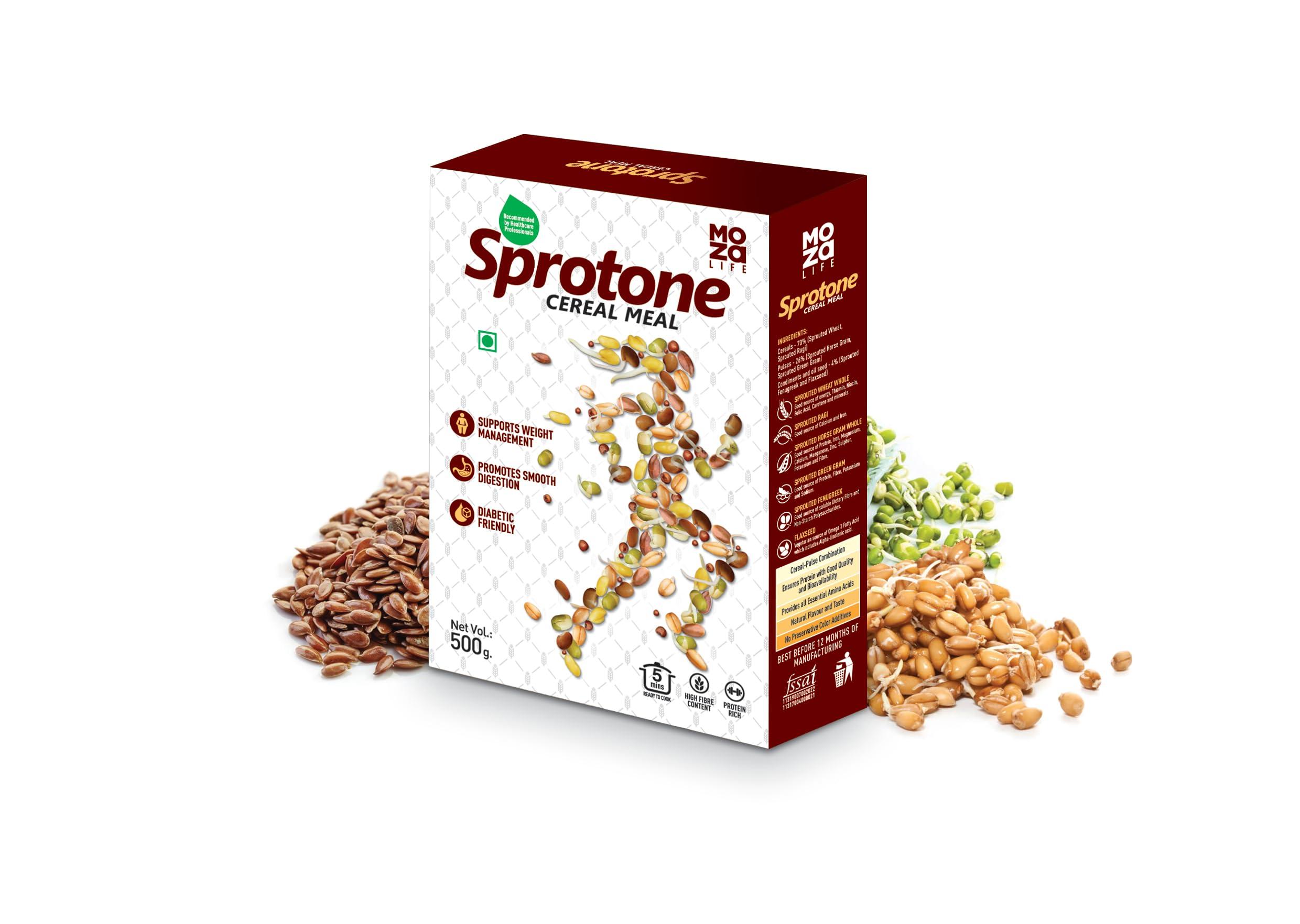 Moza Organic Moza Life Sprotone - Nutrient-Rich Cereal Meal with Sprouted Cereals, Pulses, and Multigrain Flour - Wheat, Ragi, Horse Gram, Green Gram - Healthy Vegetarian Breakfast (500 gm, Pack of 2)