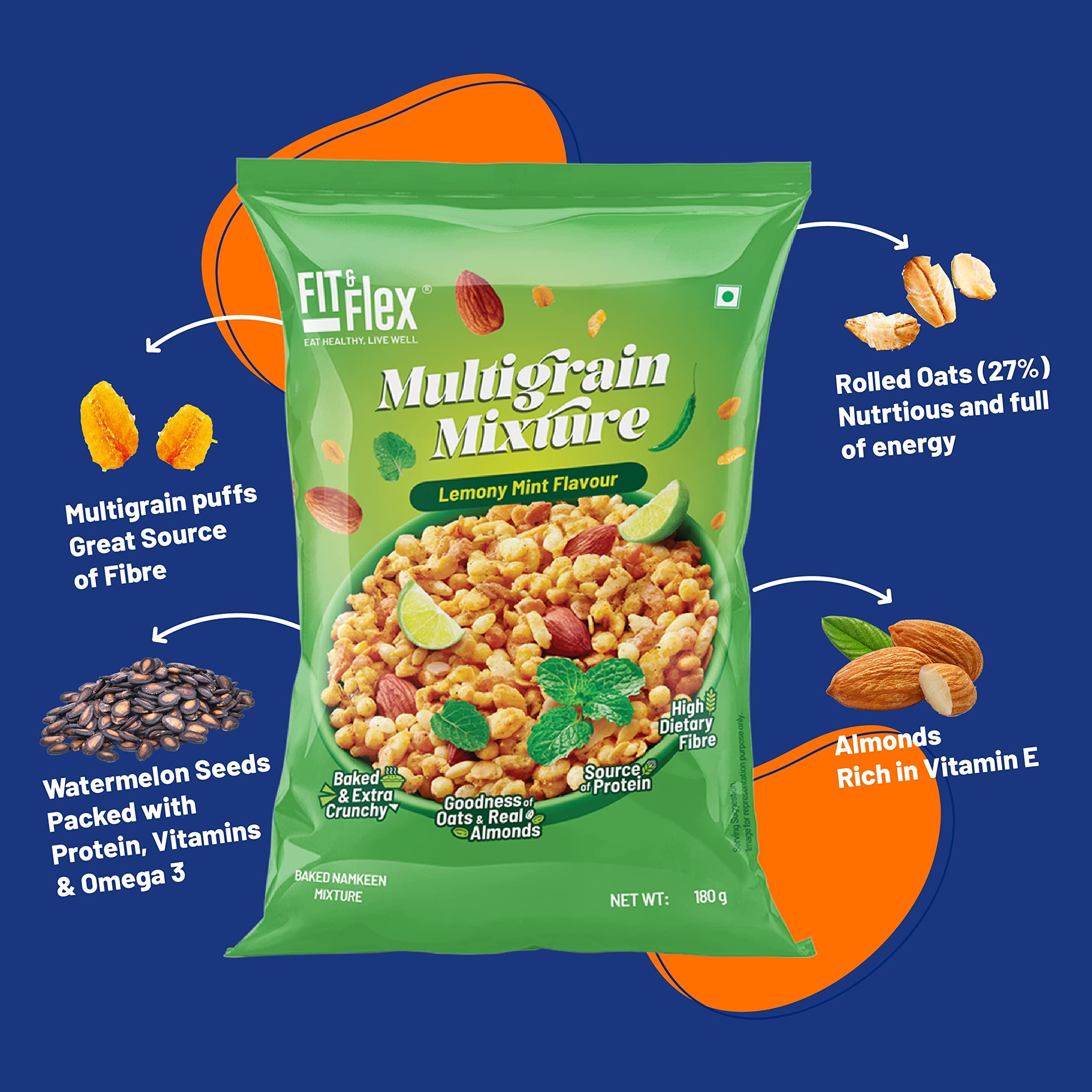 FIT & FLEX Fit & Flex Multigrain Mixture Extra Baked Namkeen and Healthy Snacks Zero Cholesterol High Dietary Fibre All-time Party Tasty Crunchy Snack Lemony Mint - Pack of 1, 180gm