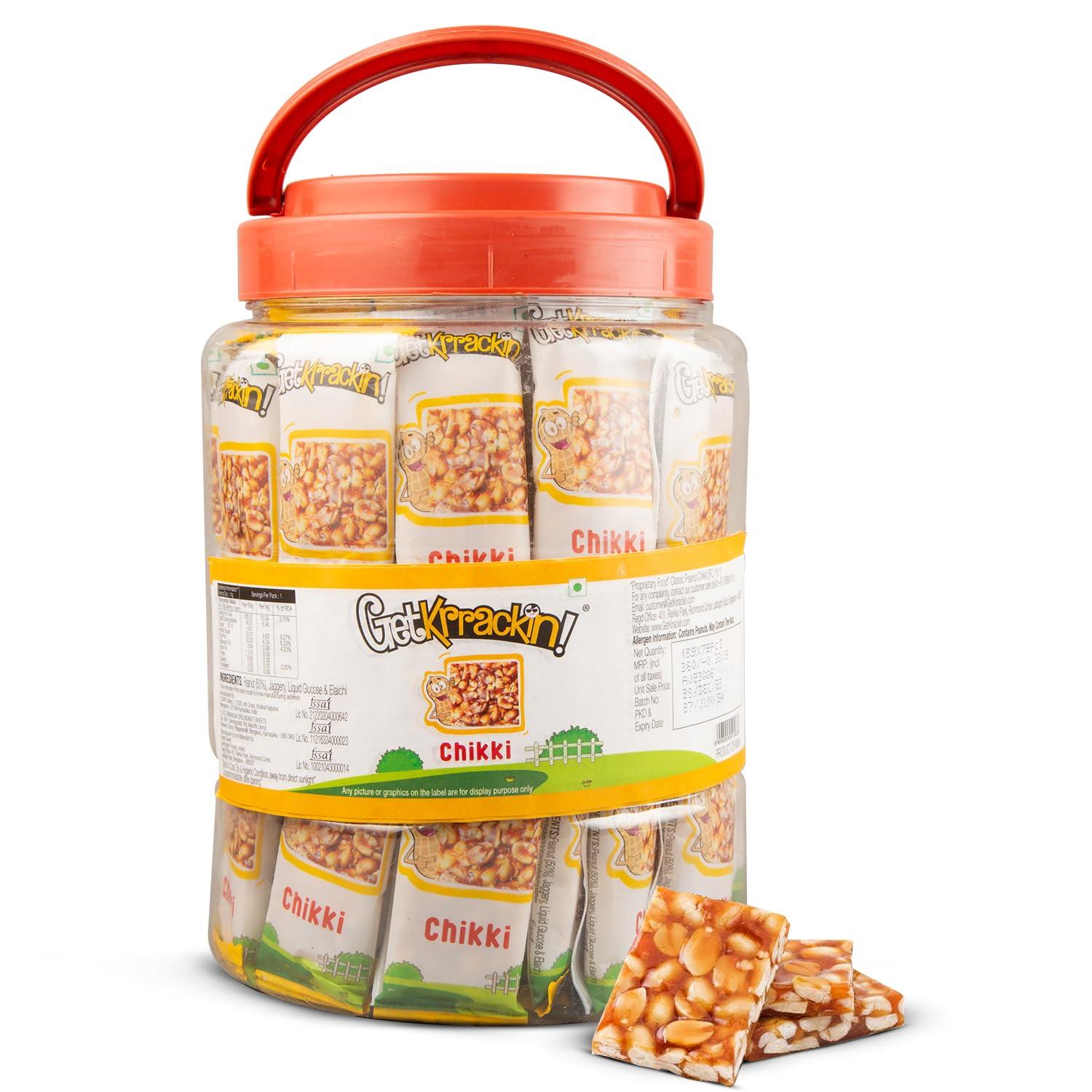 GetKrrackin! GetKrrackin! Peanut Chikki Jar | Pack Of 72 Pcs - 15 Gram Each | No Added Colors Or Preservatives | Crunchy Peanut Bar With Jaggery | Gajak, Gazak | Indian Sweets & Snacks