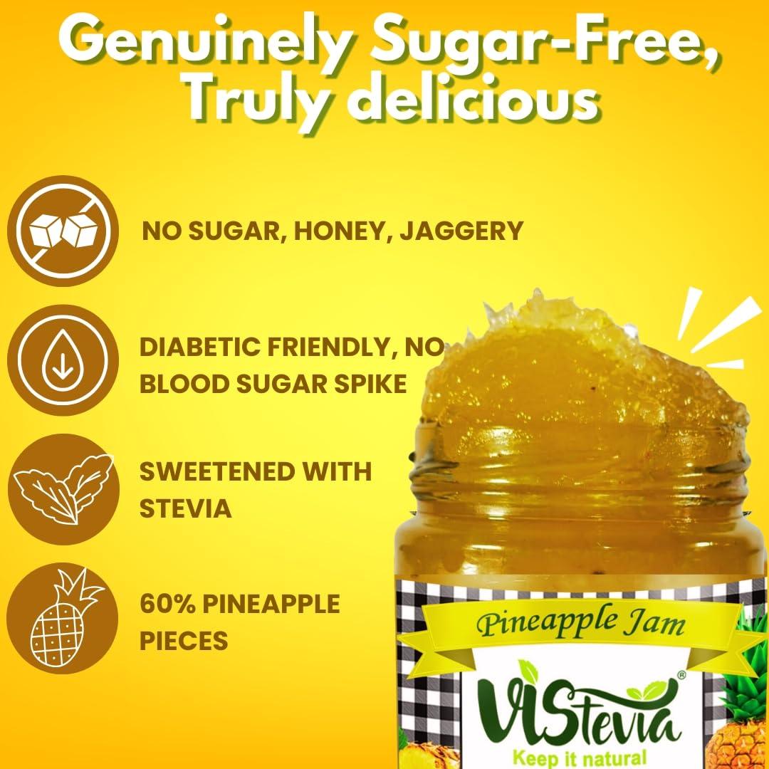 VISTEVIA Vistevia Sugar Free Pineapple Jam, Diabetic and Keto Friendly - Sweetened Naturally with Stevia, More Than 60% Pineapple Content - Tastes Delicious - Pack of 1 (220GM)